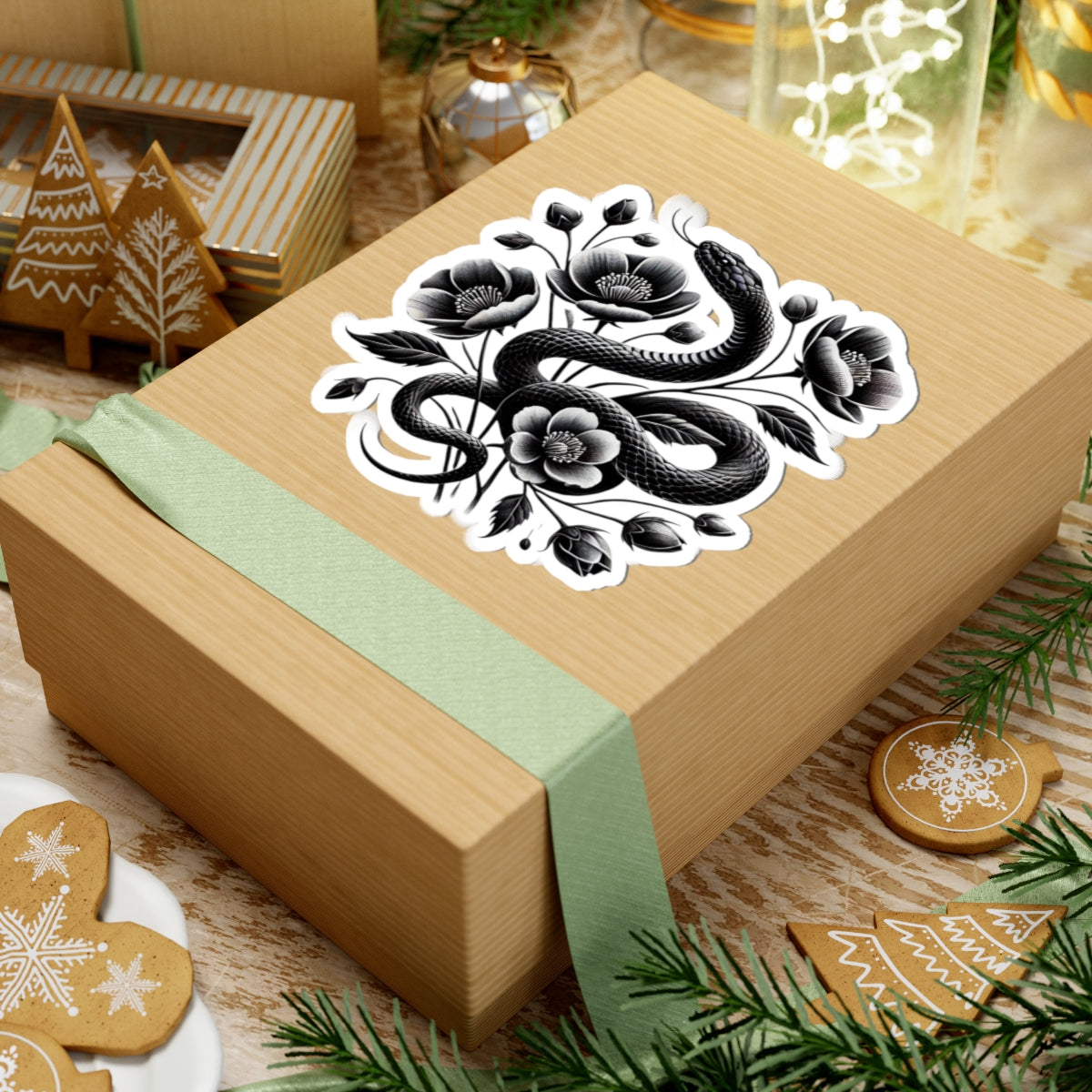 Black Snake with Blooming Flowers Sticker, Perfect Gift for 2025 Year of the Snake | Gothic & Chic Decal Decor