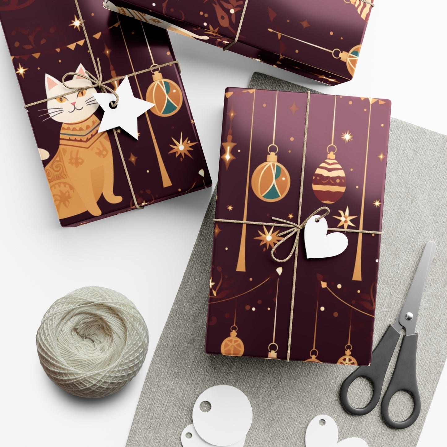Elegant Cat Christmas Wrapping Paper - Golden Ornaments on Maroon - Luxury Festive Gift Wrap for Christmas, New Year, Chinese New Year