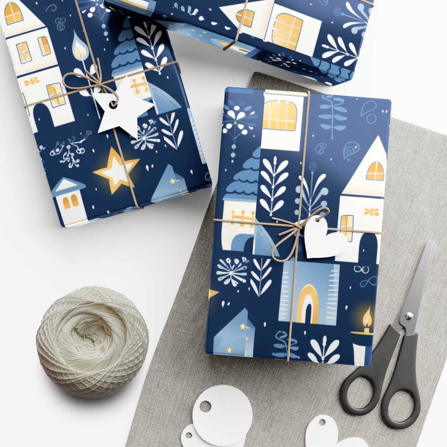 Blue Cozy Homes & Candles Gift Wrapping Paper - Elegant Winter - Themed Wrap for Special Occasions, Hanukkah, Birthdays, Holidays