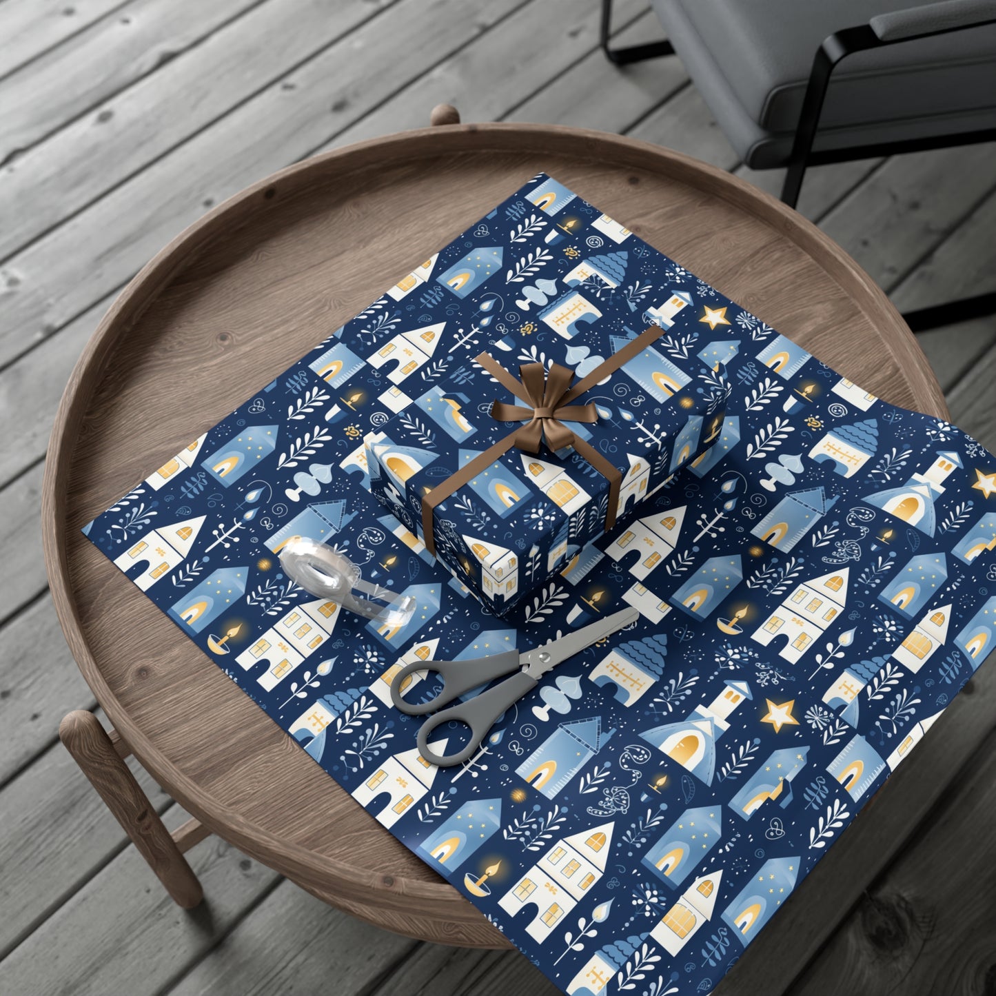 Blue Cozy Homes & Candles Gift Wrapping Paper - Elegant Winter - Themed Wrap for Special Occasions, Hanukkah, Birthdays, Holidays