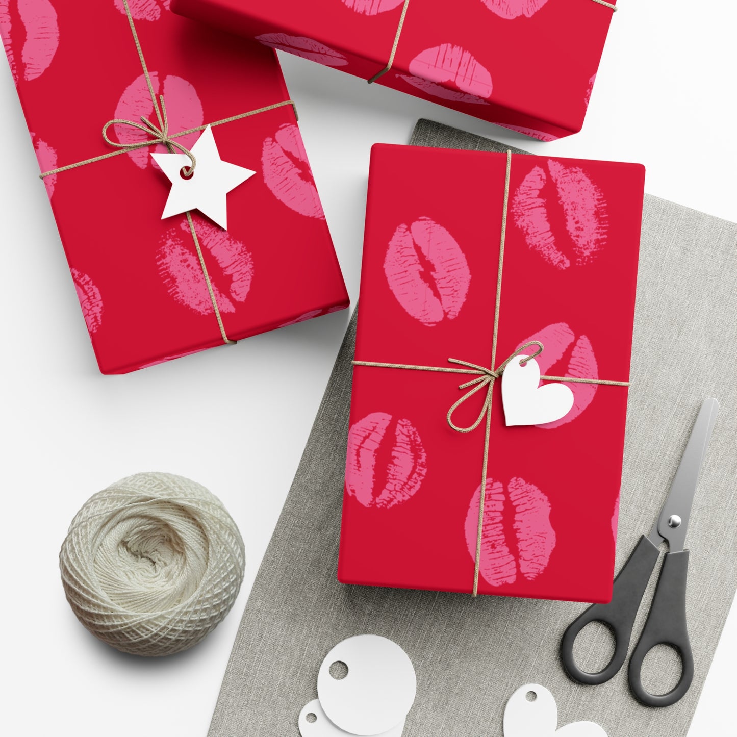Chic Pink Lipstick Kisses Gift Wrap, Birthday Wrapping Paper, Stylish Red and Pink Design