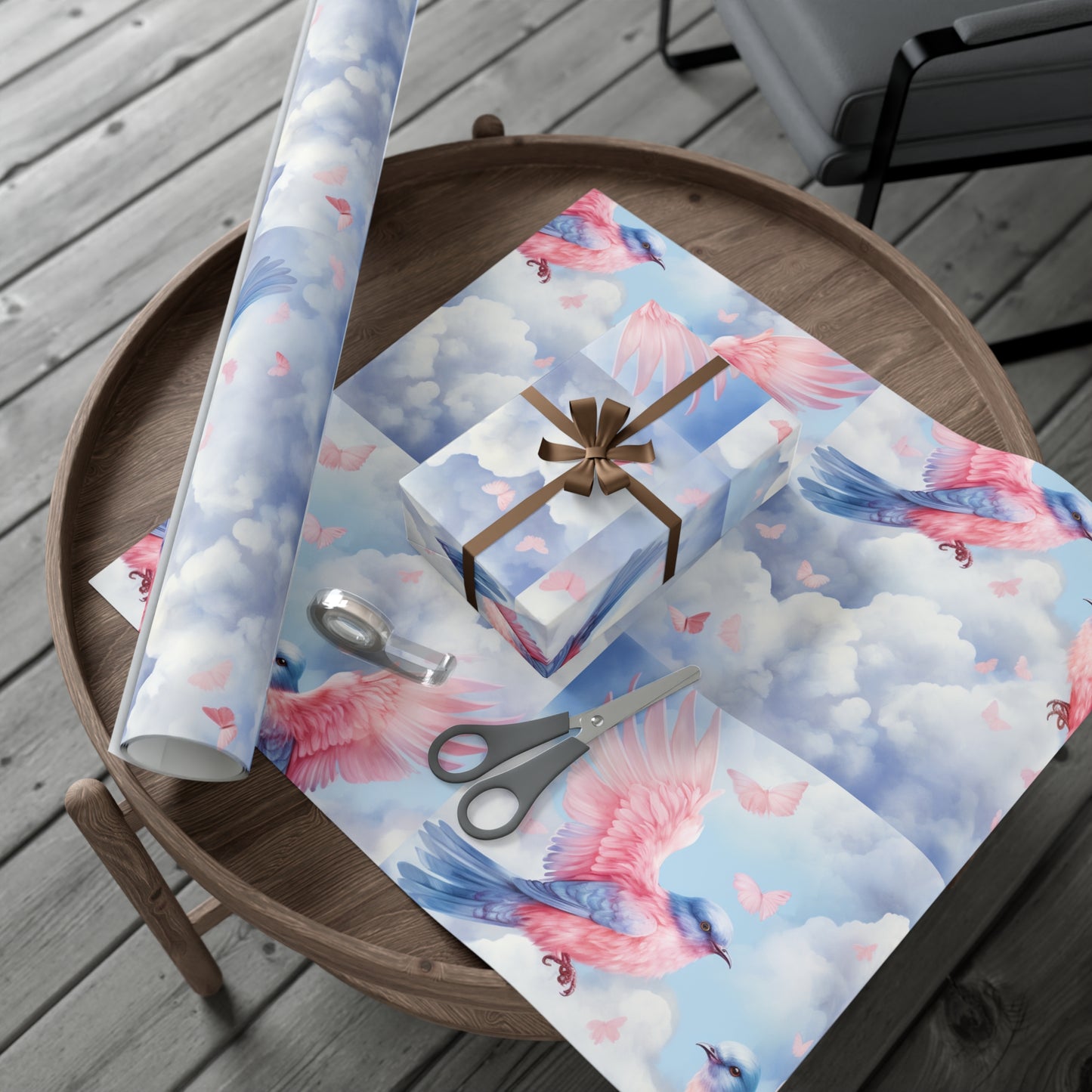 Gift Wrapping Paper of Love Birds, Sky Blue and Clouds with Butterflies, Tender Pastel Wrap for Birthdays, Valentine's, All Occasions