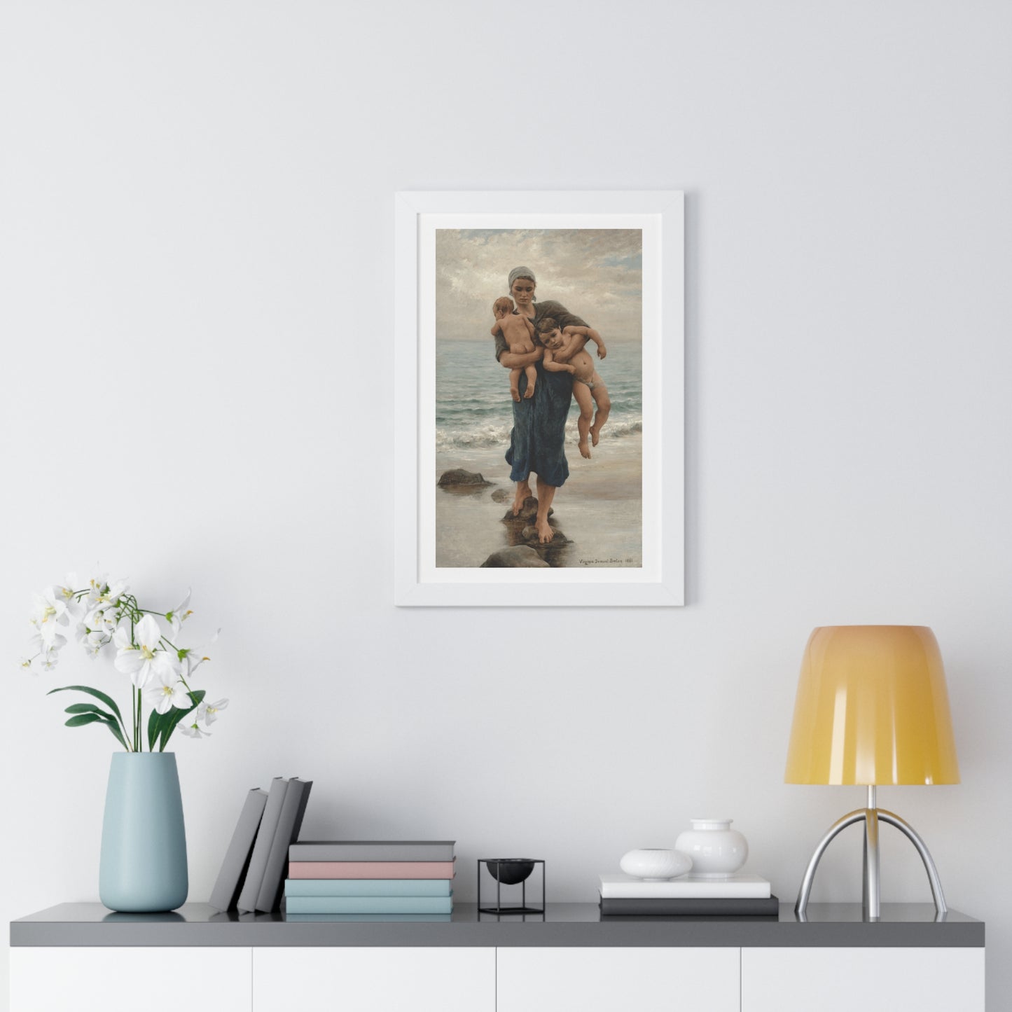 Mother's Day Gift, Framed Poster of Fisherman's Wife Bathing Her Children by Virginie Demont Breton, Home Wall Decor, Ready to Gift