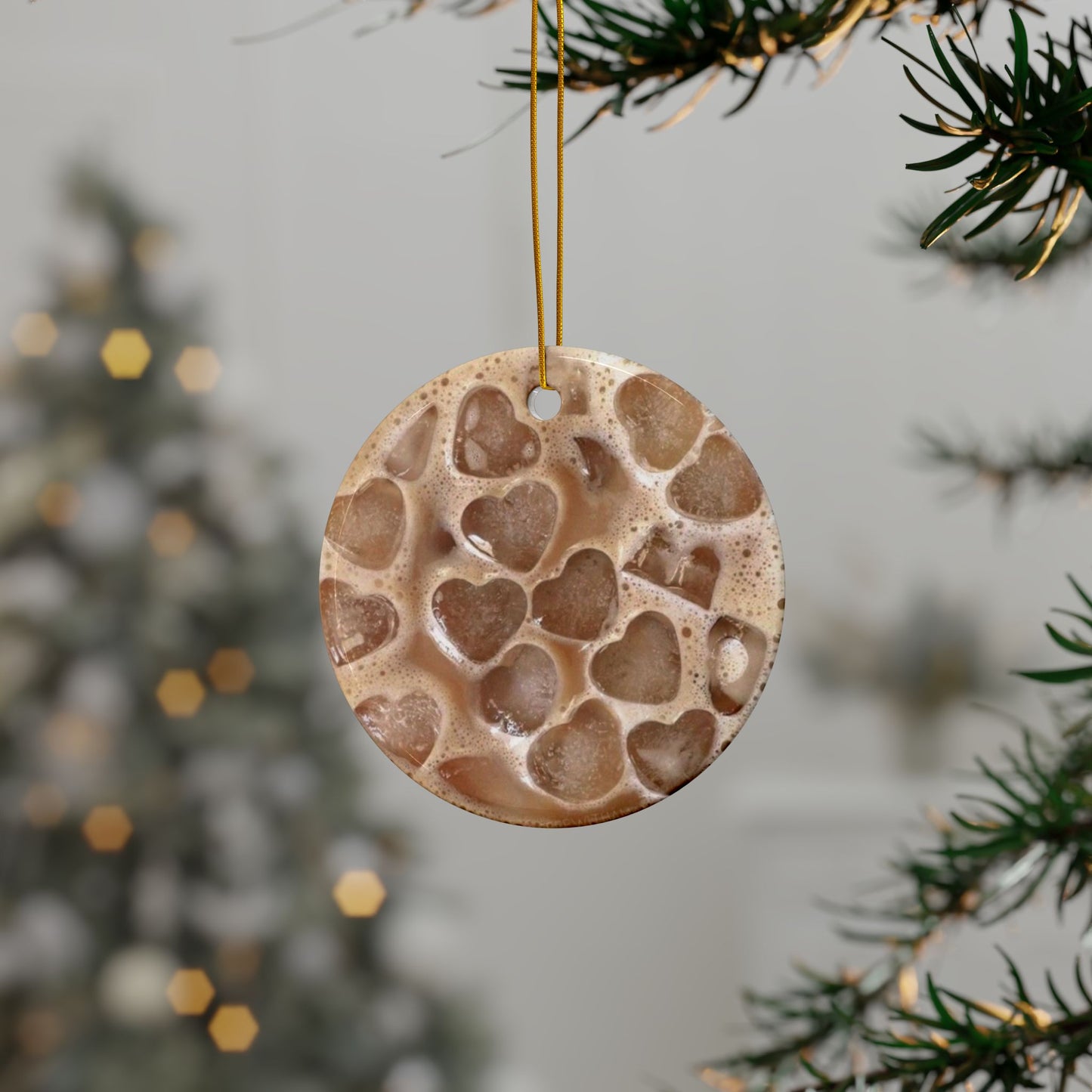 Iced Coffee Ceramic Ornament with Heart Shaped Ice, Double Sided Holiday Decor for Coffee Lovers | Perfect Christmas Gift