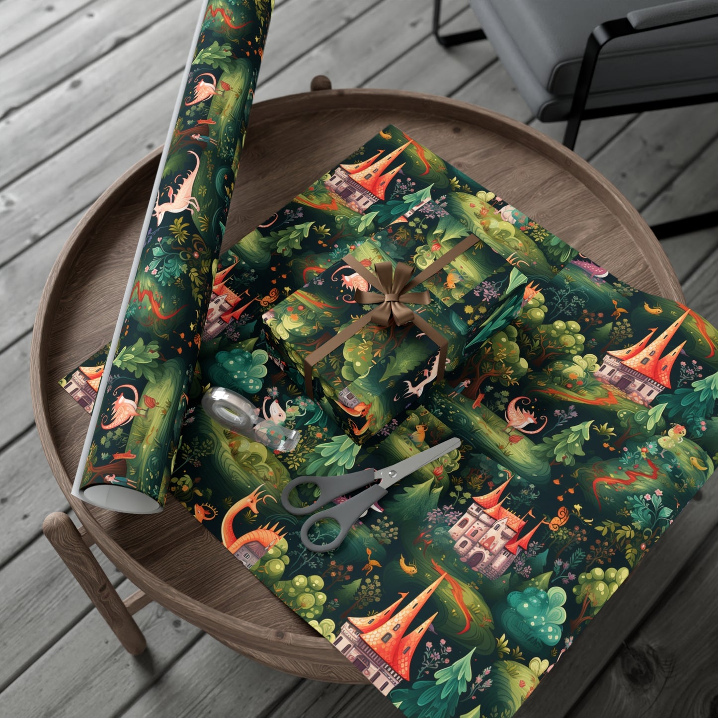 Gift Wrapping Paper illustrating Enchanted Forest and Whimsical Monsters - Magical Castle-Themed Gift Wrap Paper for All Occasions