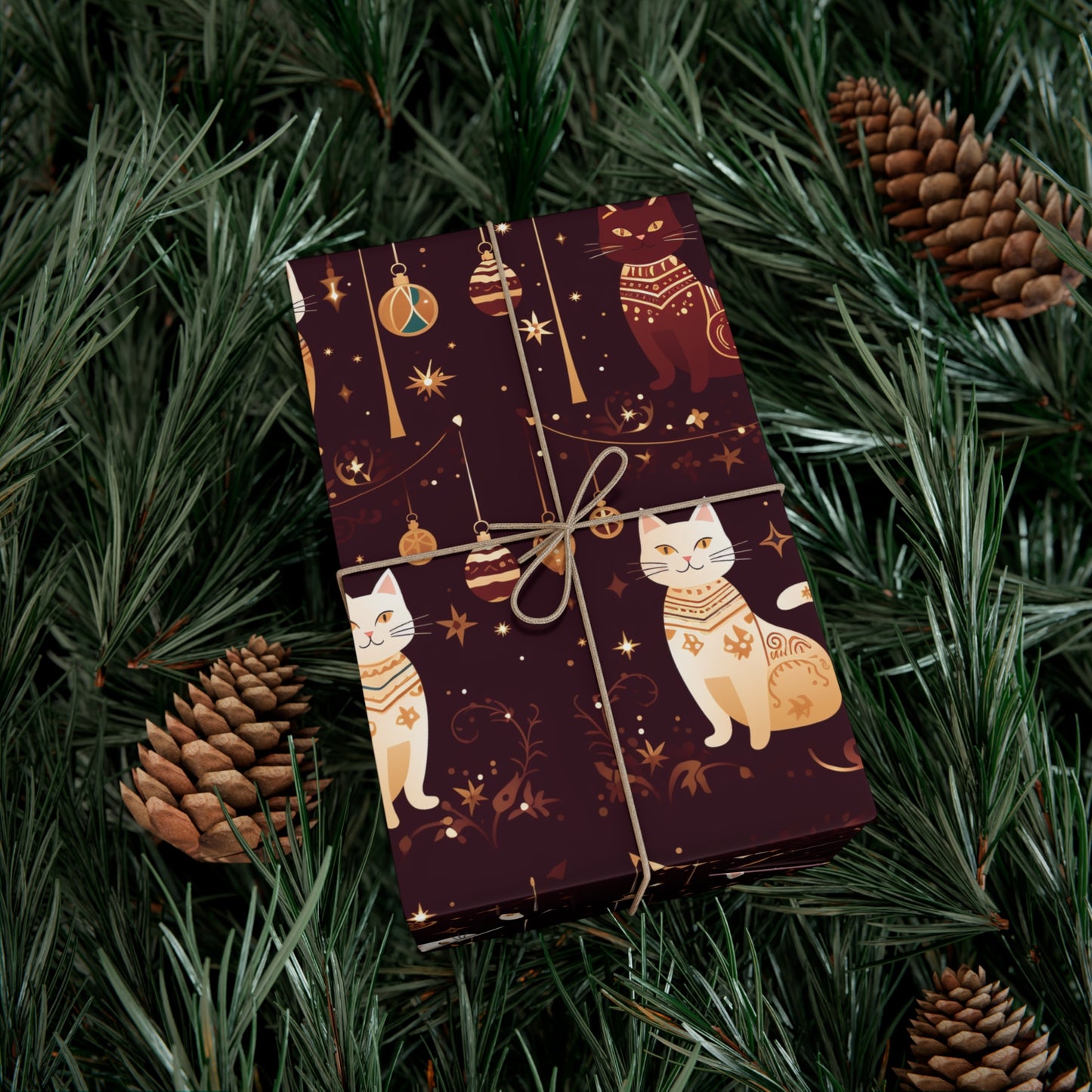Elegant Cat Christmas Wrapping Paper - Golden Ornaments on Maroon - Luxury Festive Gift Wrap for Christmas, New Year, Chinese New Year