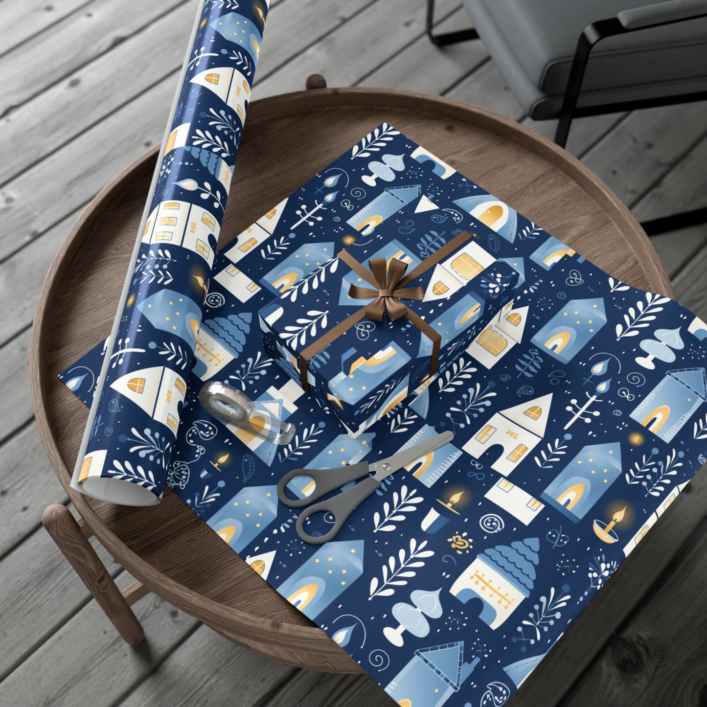 Blue Cozy Homes & Candles Gift Wrapping Paper - Elegant Winter - Themed Wrap for Special Occasions, Hanukkah, Birthdays, Holidays