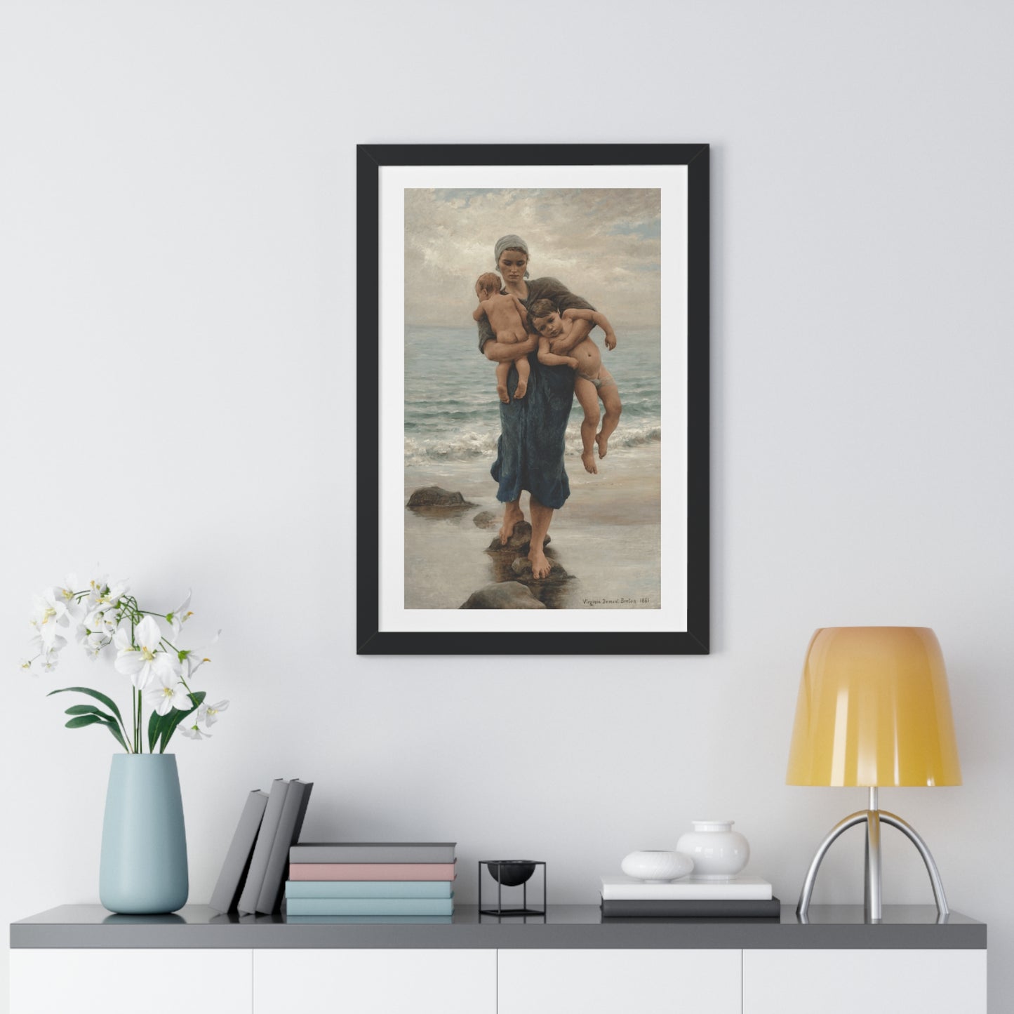 Mother's Day Gift, Framed Poster of Fisherman's Wife Bathing Her Children by Virginie Demont Breton, Home Wall Decor, Ready to Gift