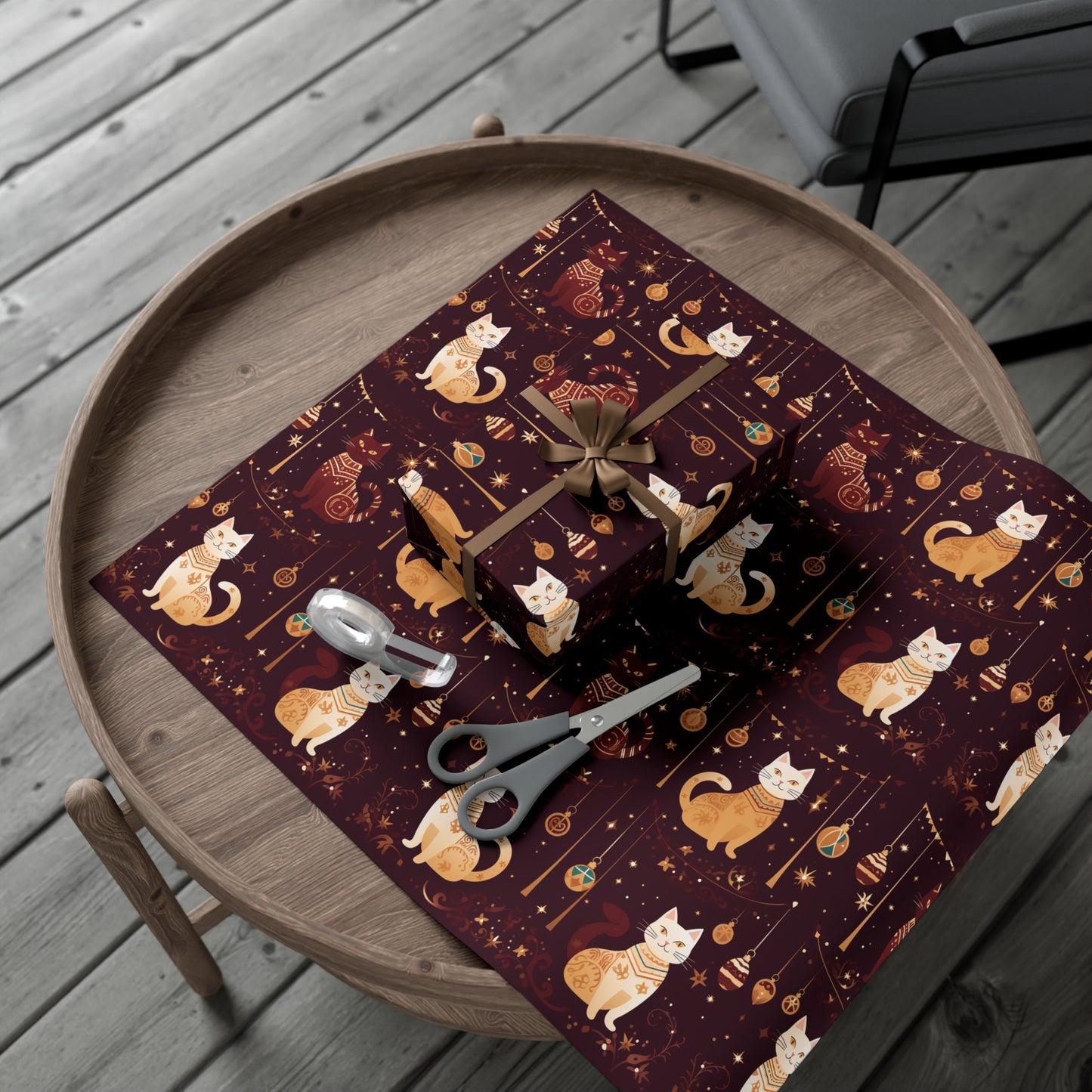 Elegant Cat Christmas Wrapping Paper - Golden Ornaments on Maroon - Luxury Festive Gift Wrap for Christmas, New Year, Chinese New Year
