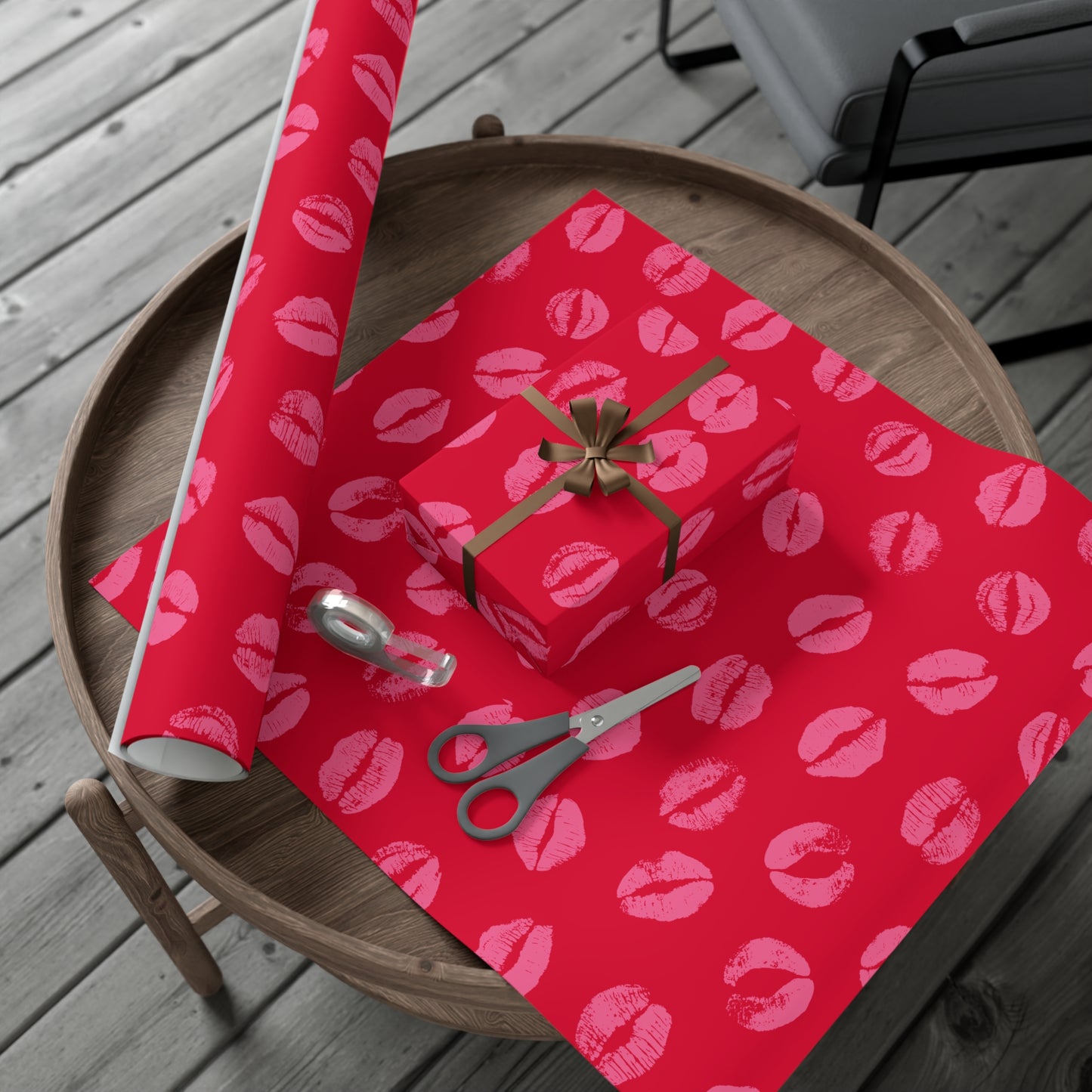 Chic Pink Lipstick Kisses Gift Wrap, Birthday Wrapping Paper, Stylish Red and Pink Design