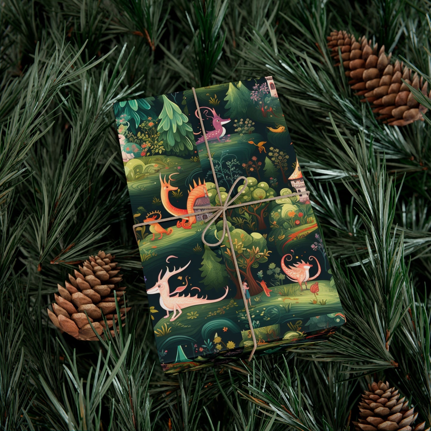 Gift Wrapping Paper illustrating Enchanted Forest and Whimsical Monsters - Magical Castle-Themed Gift Wrap Paper for All Occasions