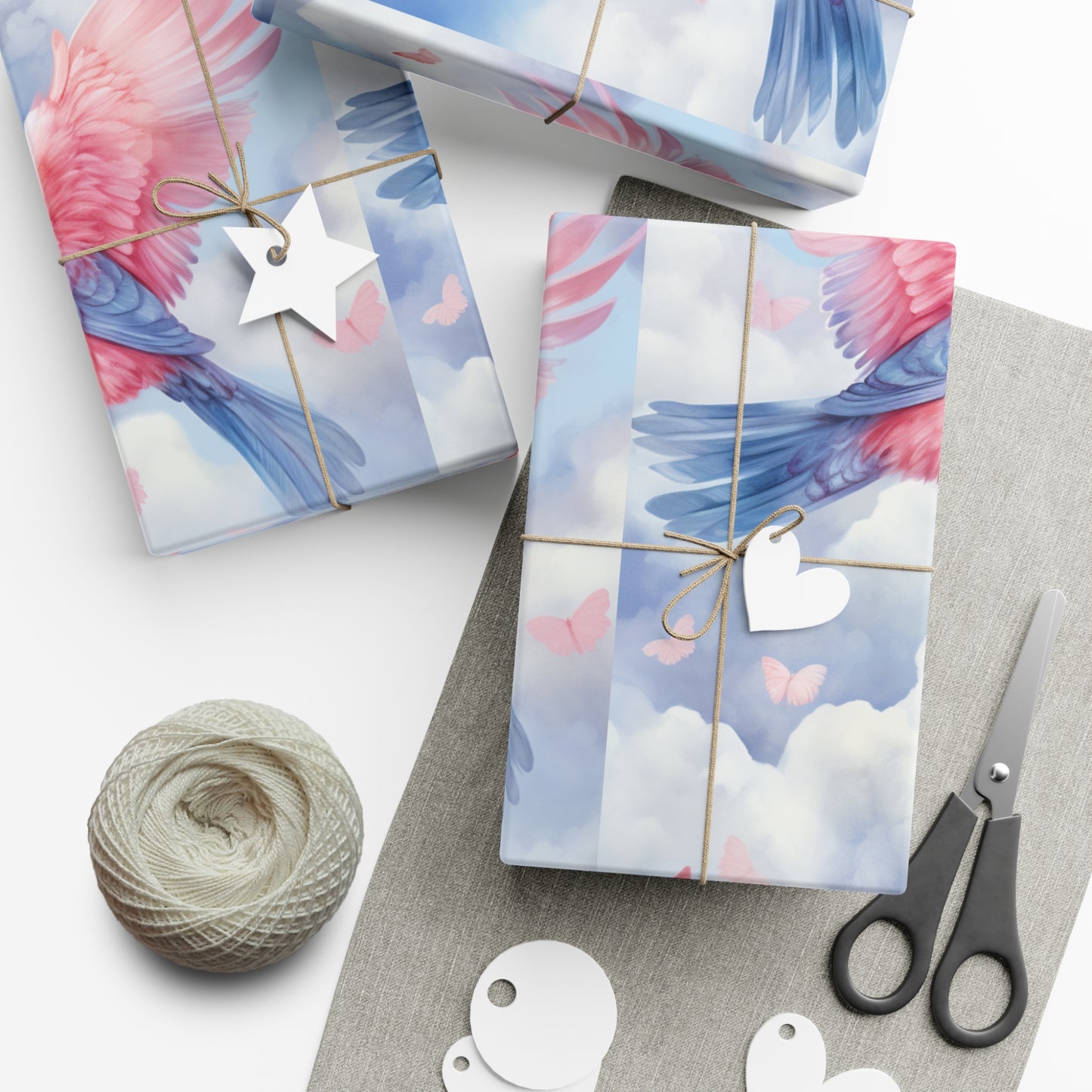 Gift Wrapping Paper of Love Birds, Sky Blue and Clouds with Butterflies, Tender Pastel Wrap for Birthdays, Valentine's, All Occasions