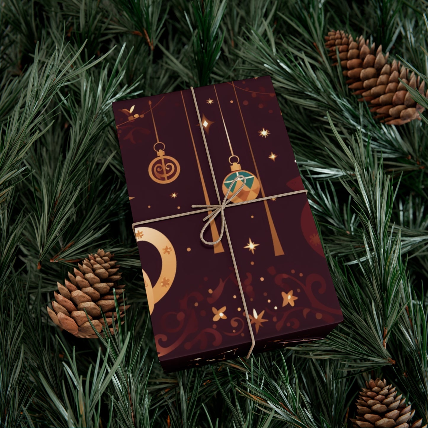 Elegant Cat Christmas Wrapping Paper - Golden Ornaments on Maroon - Luxury Festive Gift Wrap for Christmas, New Year, Chinese New Year