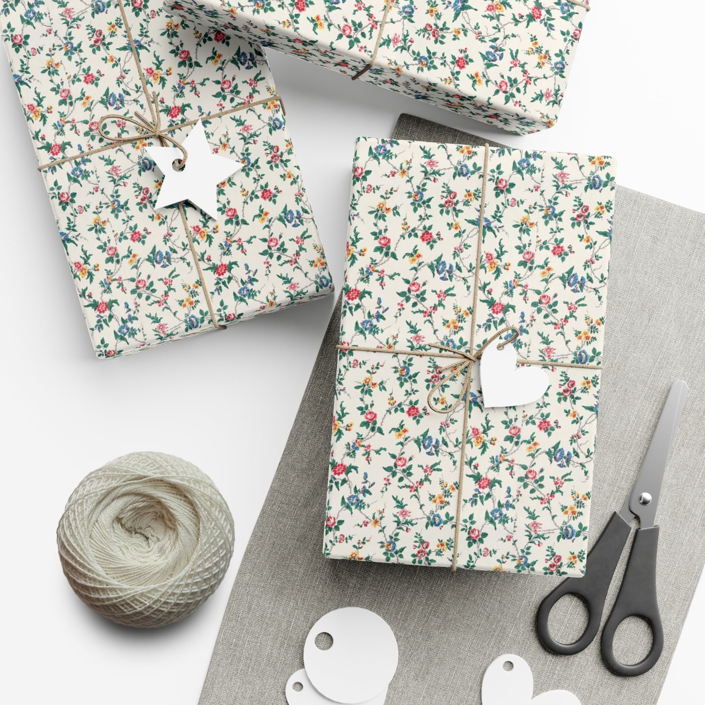 Elegant wildflower gift wrap in soft beige with delicate floral design, eco-friendly wrapping paper for birthdays, weddings, and special occasions.