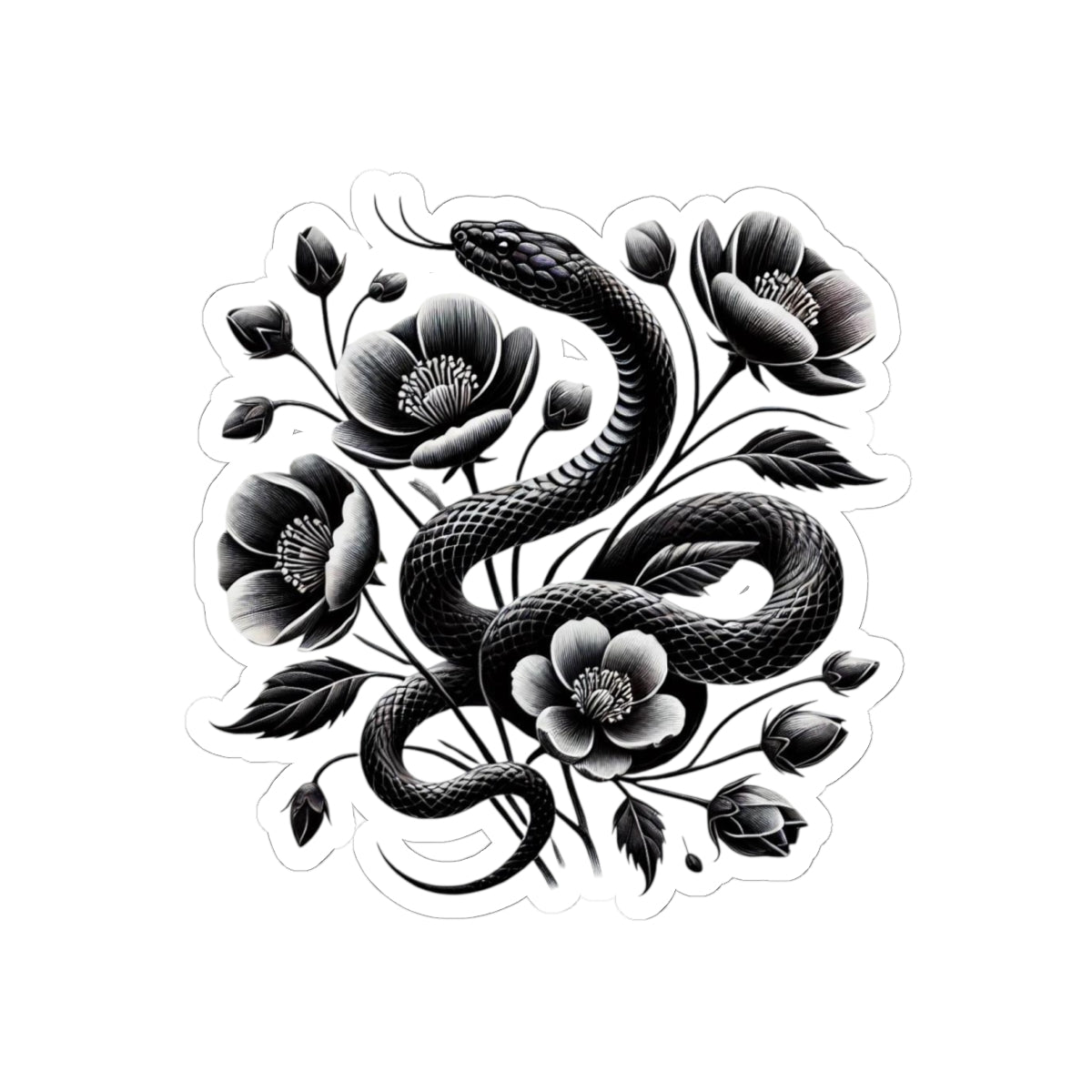 Black Snake with Blooming Flowers Sticker, Perfect Gift for 2025 Year of the Snake | Gothic & Chic Decal Decor