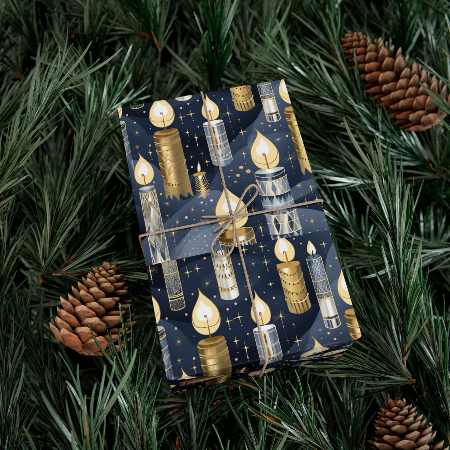 Golden and Silver Candles Wrapping Paper Navy Background Perfect for Hanukkah, Christmas - Premium Gift Wrap Sheet