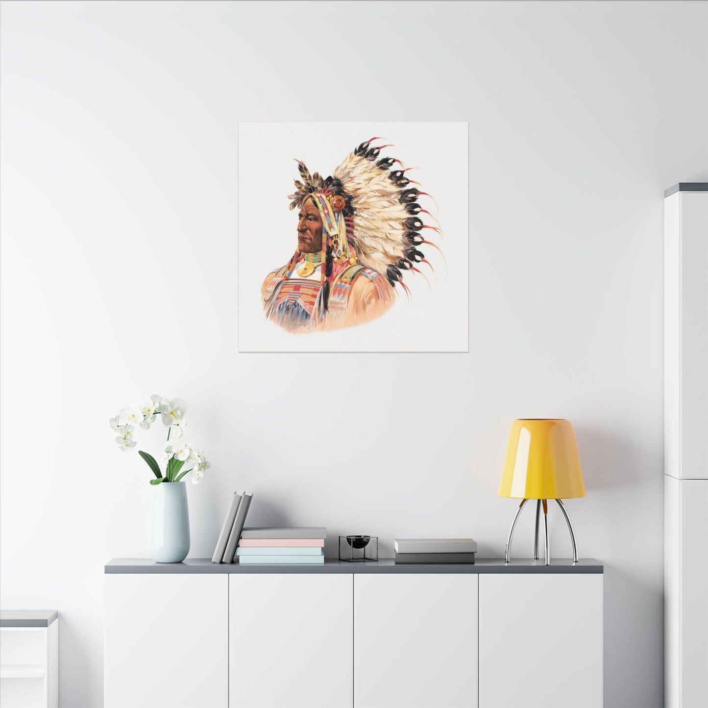 Native American Portrait Canvas, Ethically Sourced Pine Frame Wall Art, Eco-Friendly Indigenous Illustration
