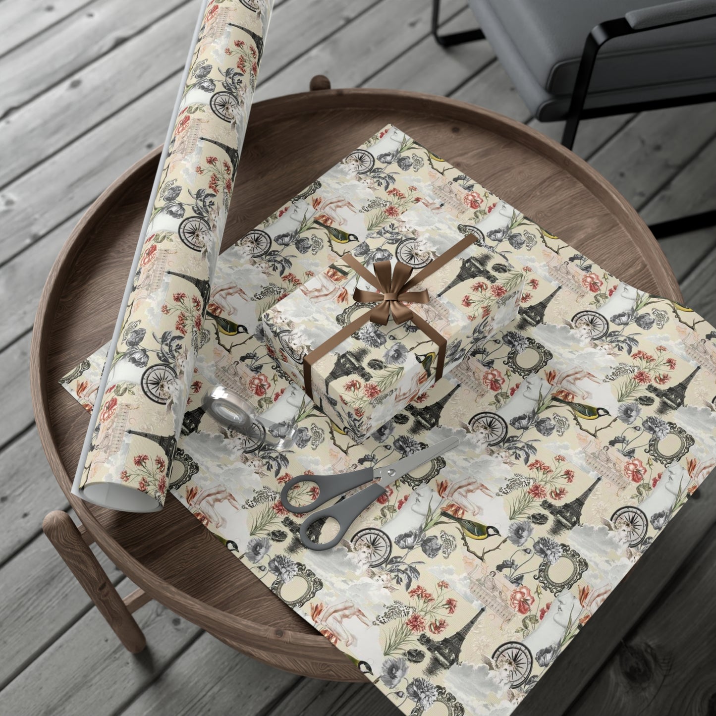 Vintage Antique Floral and Eiffel Tower Wrapping Paper - Retro Bird and Flower Pattern for Scrapbooking and Nostalgic Gifts