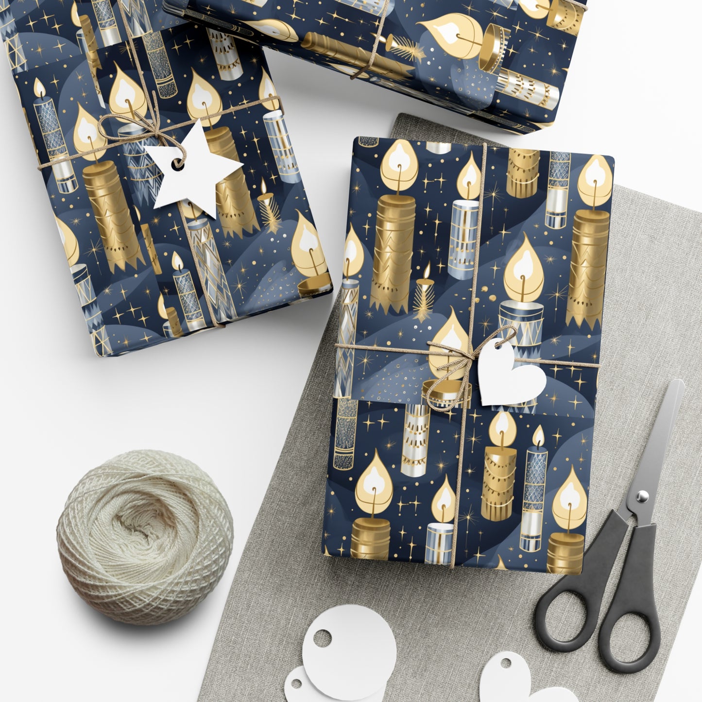 Golden and Silver Candles Wrapping Paper Navy Background Perfect for Hanukkah, Christmas - Premium Gift Wrap Sheet