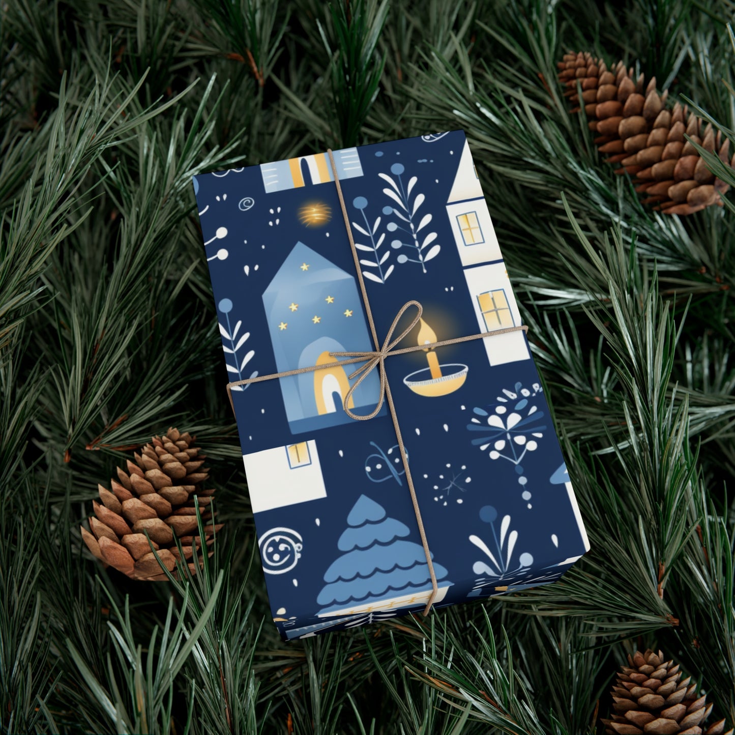 Blue Cozy Homes & Candles Gift Wrapping Paper - Elegant Winter - Themed Wrap for Special Occasions, Hanukkah, Birthdays, Holidays