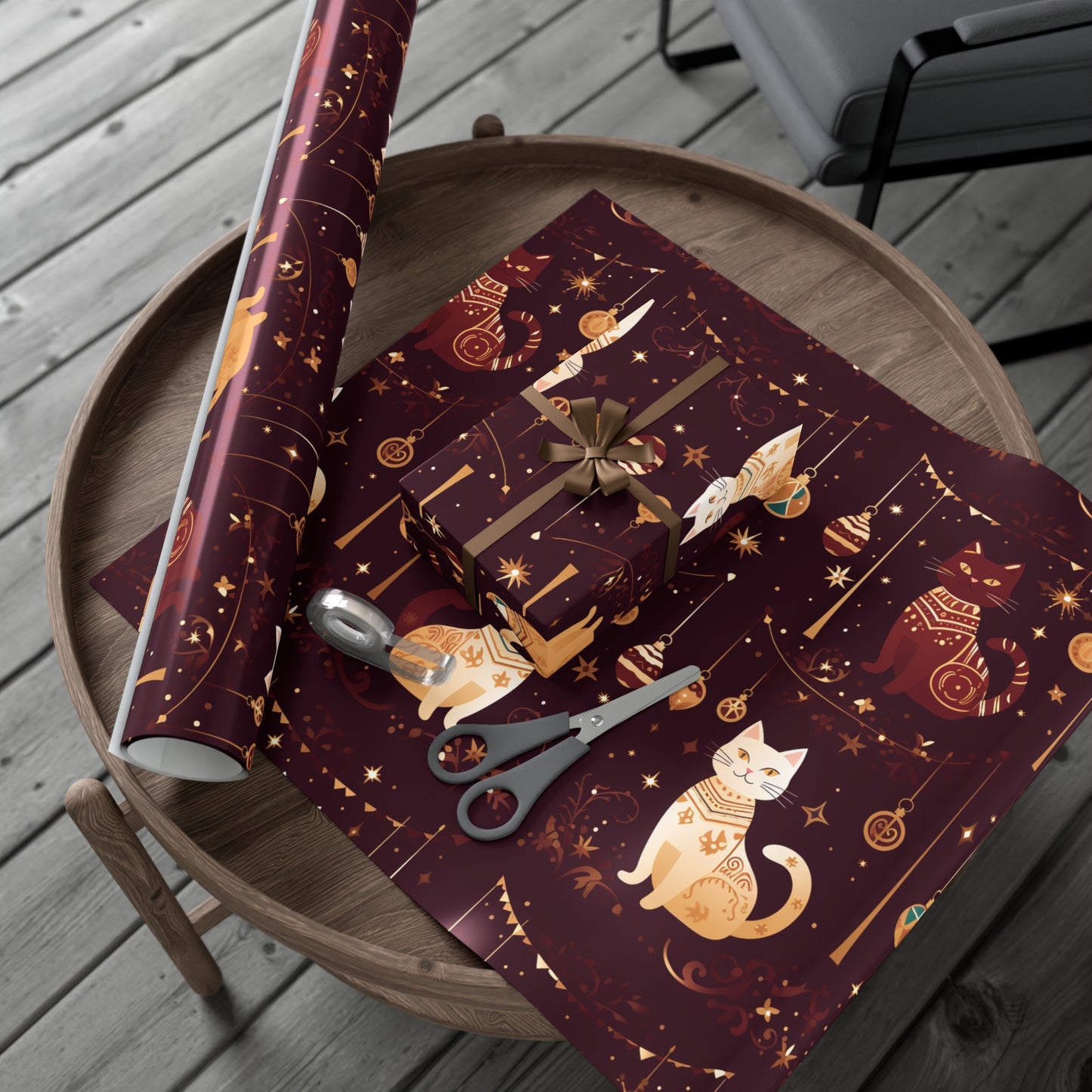 Elegant Cat Christmas Wrapping Paper - Golden Ornaments on Maroon - Luxury Festive Gift Wrap for Christmas, New Year, Chinese New Year