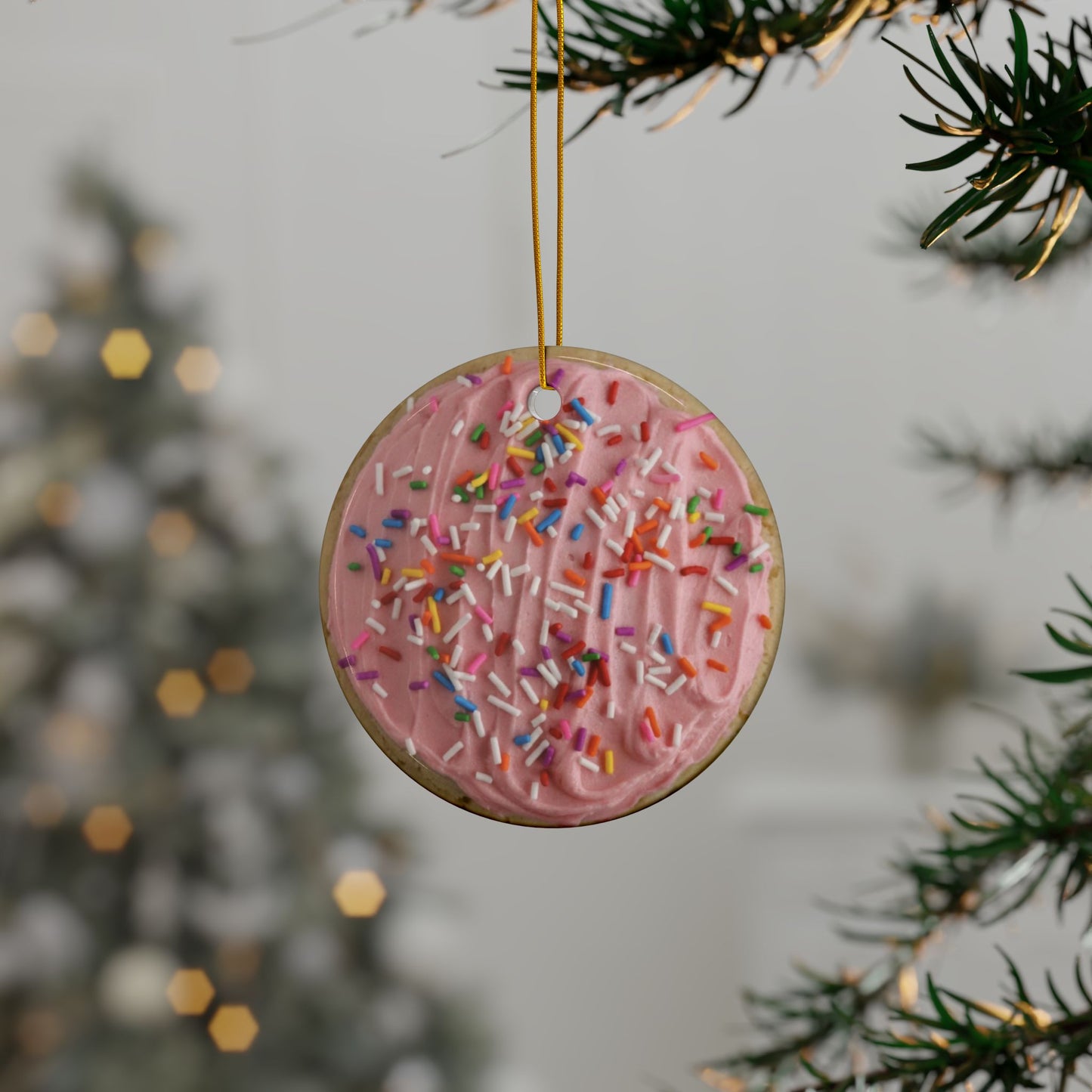 Pink Frosted Sugar Cookie Ceramic Ornament, Double-Sided, Sweet Tooth Christmas Gift, Baking and Pastry Lover Decor, Flat Surface