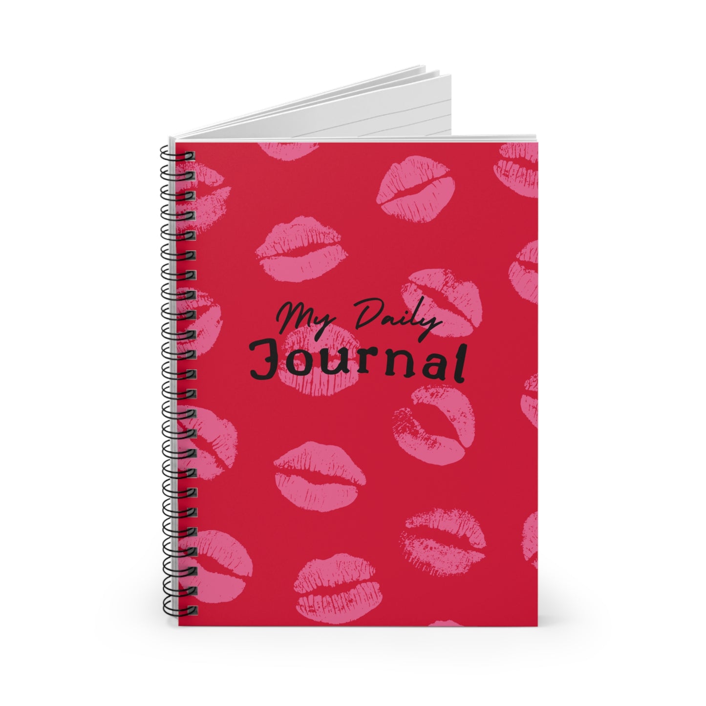 Chic Lipstick Kisses Spiral Notebook, Daily Journal, Pink on Red Pattern, Back to School Gift for Cool Girls