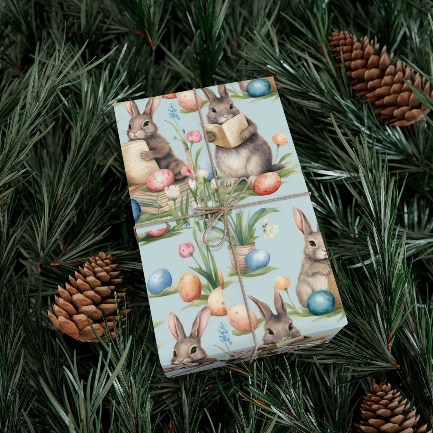 Adorable Easter Bunny Booklover Wrapping Paper - Soft Sky Blue with Colorful Eggs - Ideal for Easter, Baby Showers and Bunny Rabbit Lovers