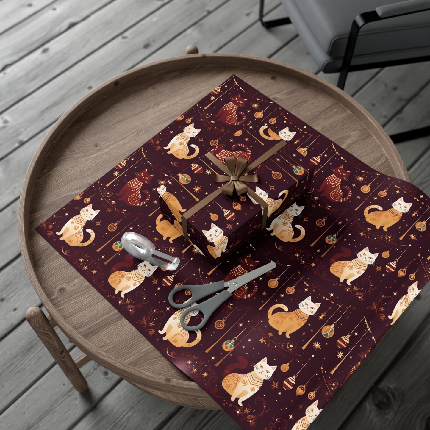 Elegant Cat Christmas Wrapping Paper - Golden Ornaments on Maroon - Luxury Festive Gift Wrap for Christmas, New Year, Chinese New Year