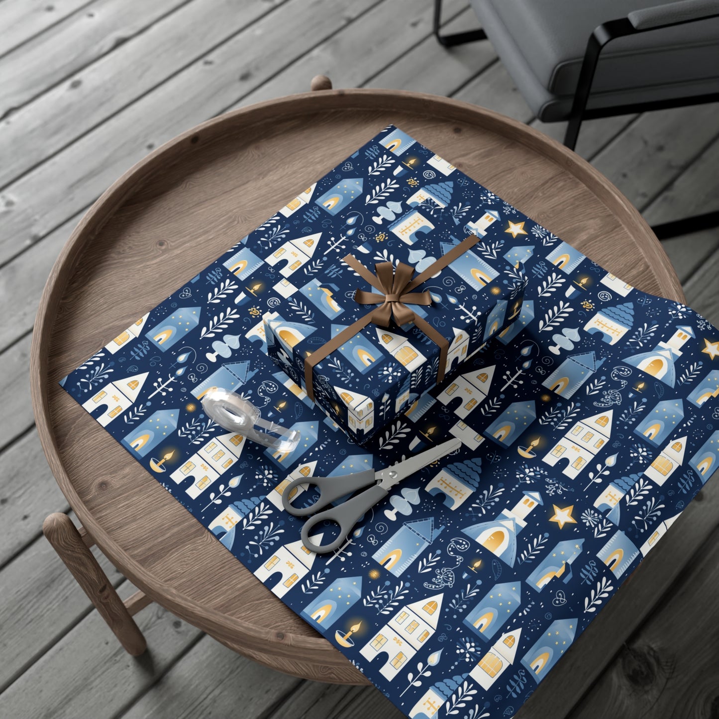 Blue Cozy Homes & Candles Gift Wrapping Paper - Elegant Winter - Themed Wrap for Special Occasions, Hanukkah, Birthdays, Holidays