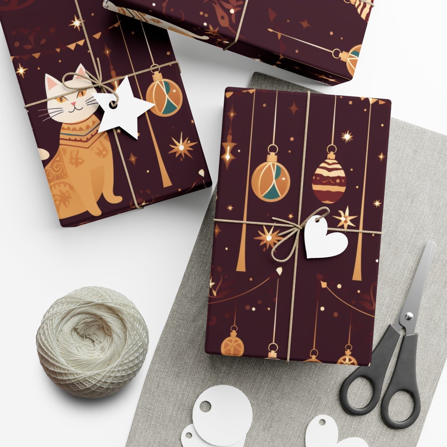 Elegant Cat Christmas Wrapping Paper - Golden Ornaments on Maroon - Luxury Festive Gift Wrap for Christmas, New Year, Chinese New Year