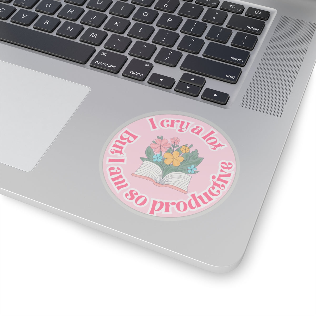 Productive Tears Book Stack Sticker, Soft Pink Vinyl Decal with Flowers, Perfect for School & University Supplies