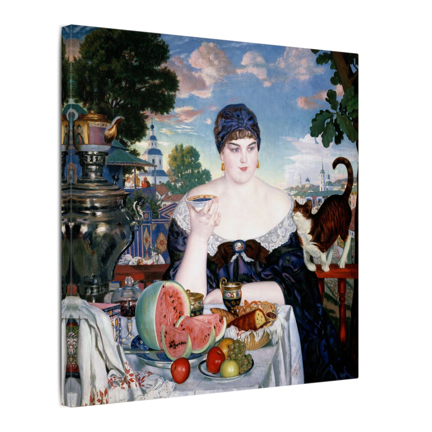 Merchant's Wife at Tea Canvas Print by Boris Kustodiev, Russian Art, Luxurious Home Decor, Eco-Friendly Wall Art