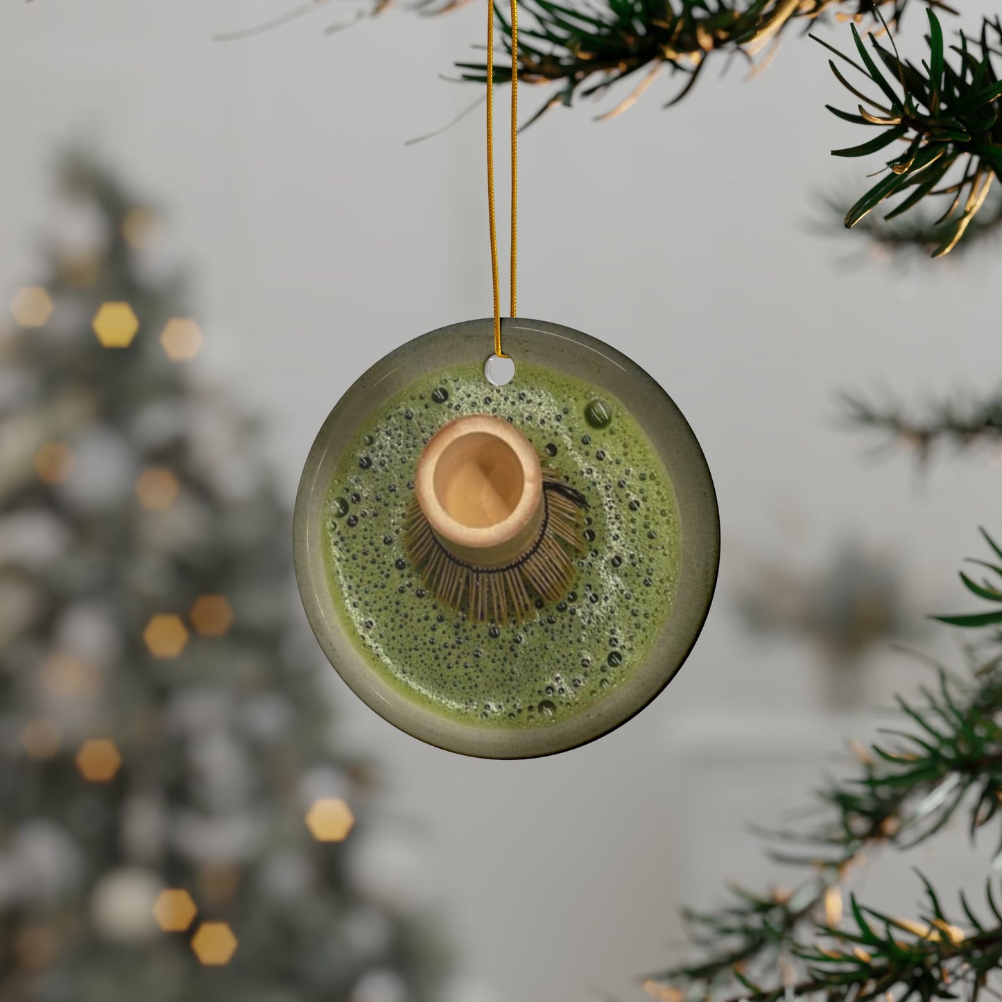 Matcha Ceramic Ornament, Double Sided Holiday Decor for Matcha Lovers, Circle Shaped Christmas Tree Decoration