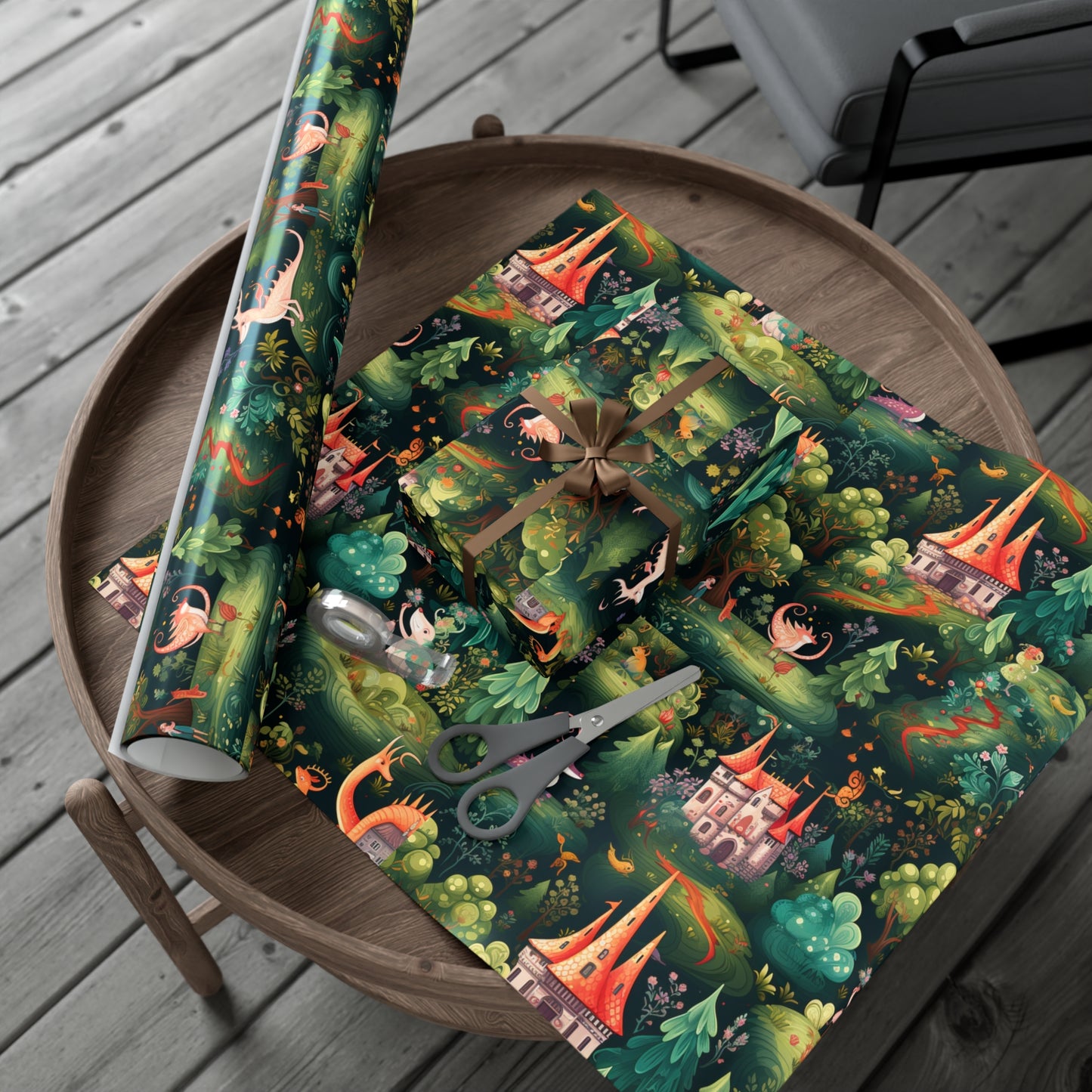 Gift Wrapping Paper illustrating Enchanted Forest and Whimsical Monsters - Magical Castle-Themed Gift Wrap Paper for All Occasions