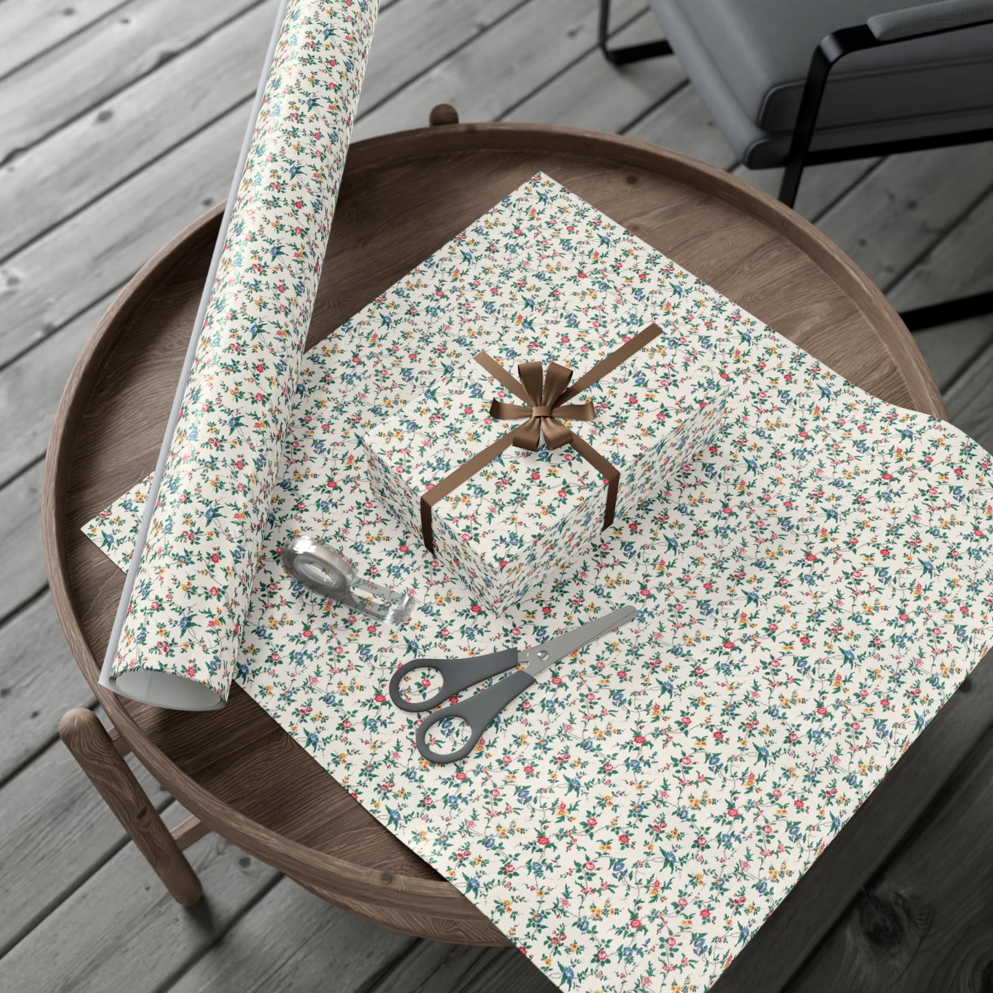 Elegant wildflower gift wrap in soft beige with delicate floral design, eco-friendly wrapping paper for birthdays, weddings, and special occasions.
