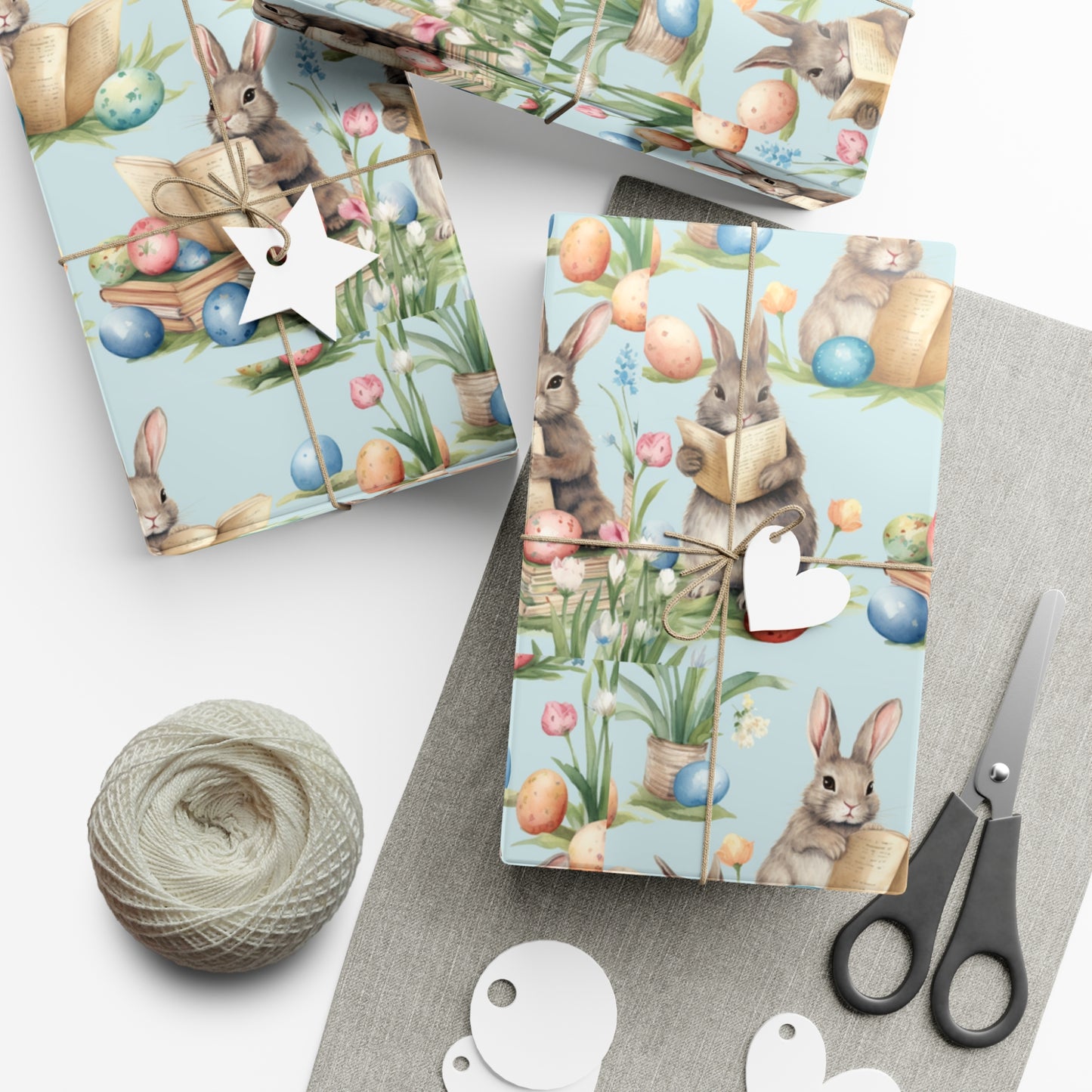 Adorable Easter Bunny Booklover Wrapping Paper - Soft Sky Blue with Colorful Eggs - Ideal for Easter, Baby Showers and Bunny Rabbit Lovers