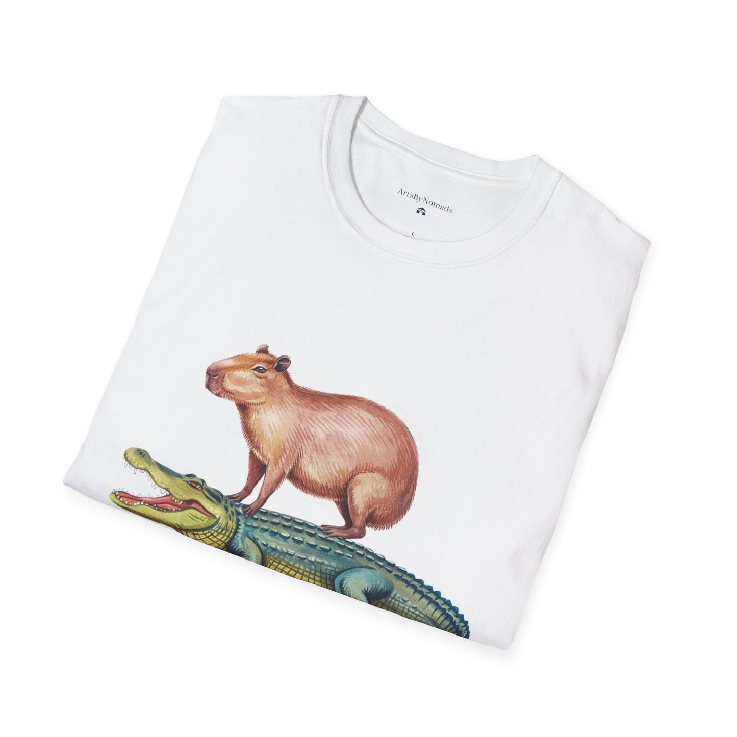 Funny Capybara and Crocodile T-Shirt, Cute Cozy Genderneutral Tee, Gift for Friends, Animal Graphic Shirt, Softstyle Unisex Comfy Tee