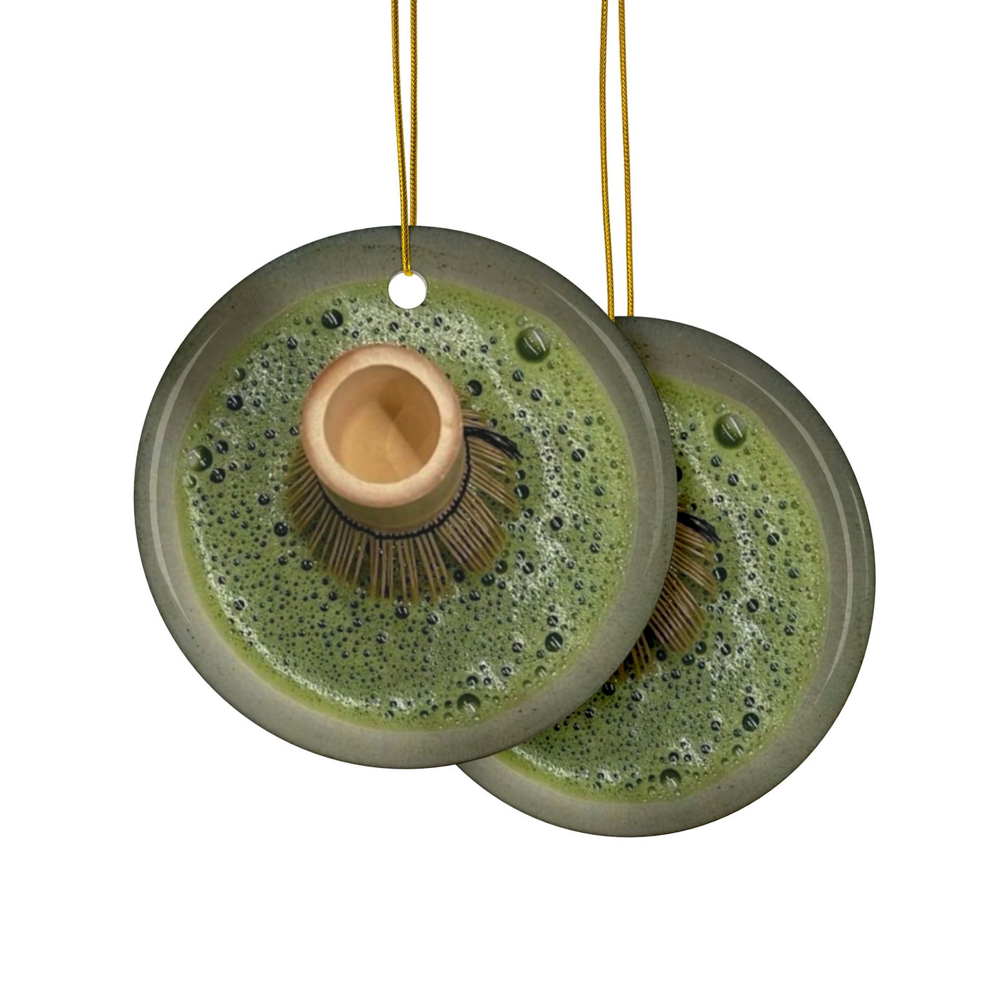 Matcha Ceramic Ornament, Double Sided Holiday Decor for Matcha Lovers, Circle Shaped Christmas Tree Decoration