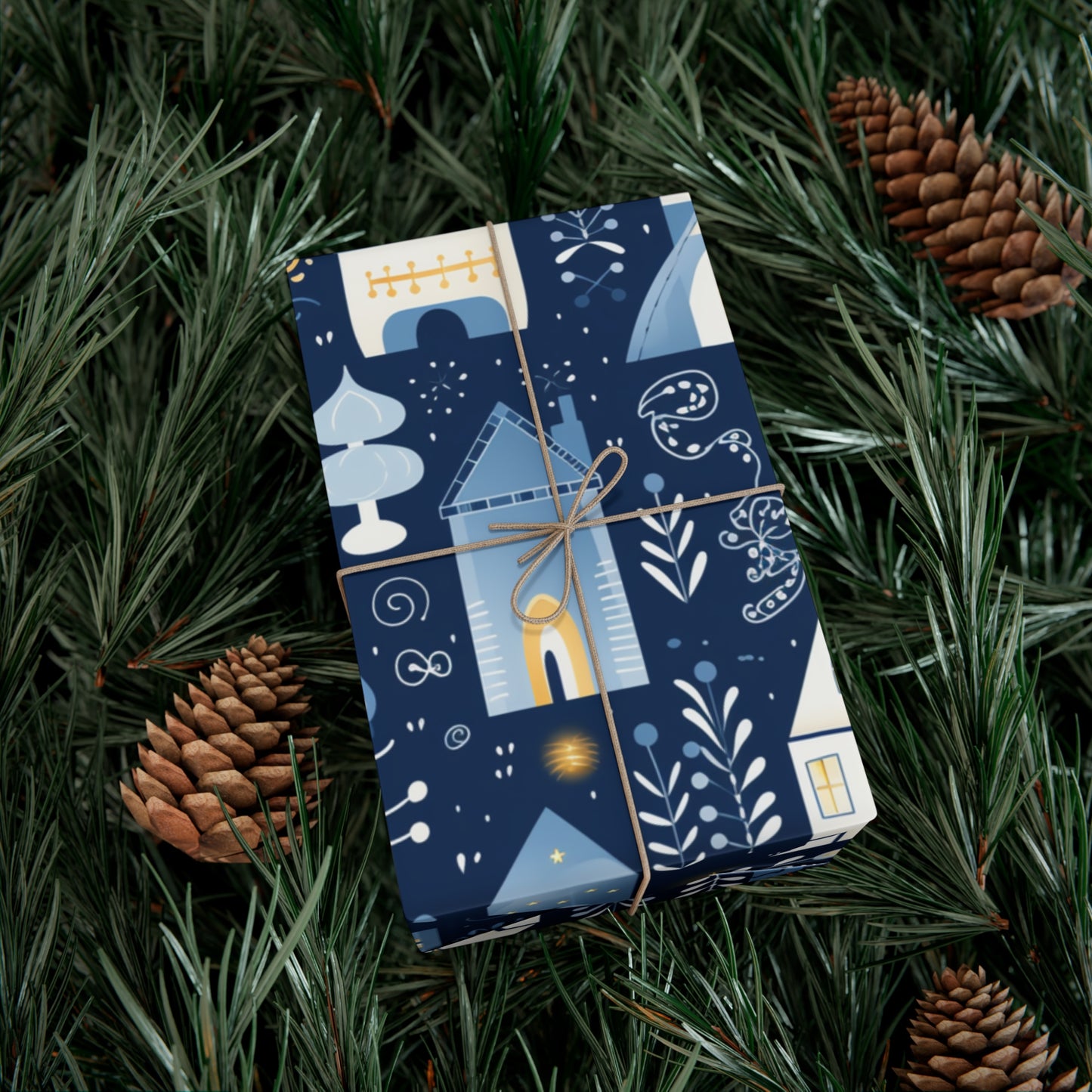 Blue Cozy Homes & Candles Gift Wrapping Paper - Elegant Winter - Themed Wrap for Special Occasions, Hanukkah, Birthdays, Holidays
