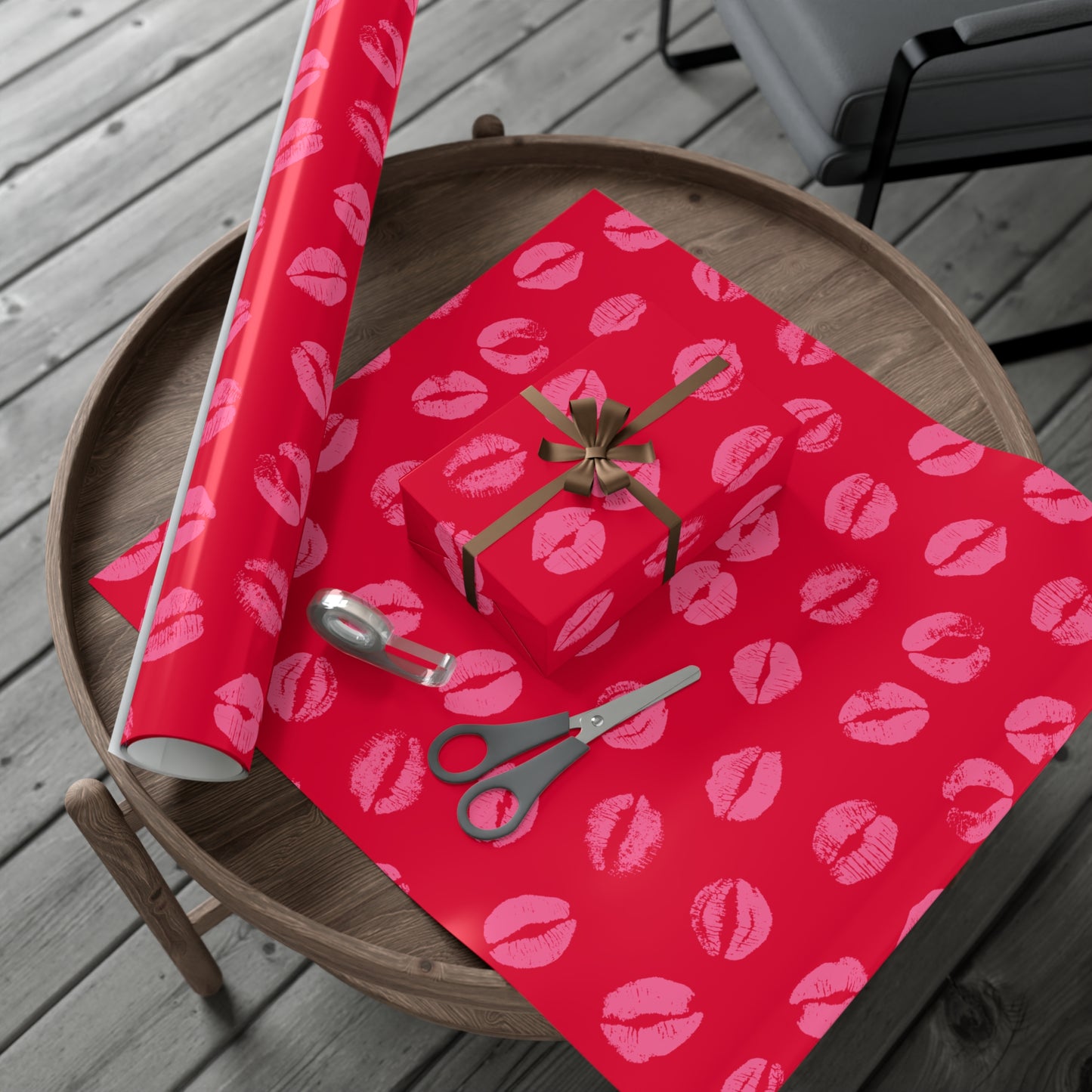 Chic Pink Lipstick Kisses Gift Wrap, Birthday Wrapping Paper, Stylish Red and Pink Design