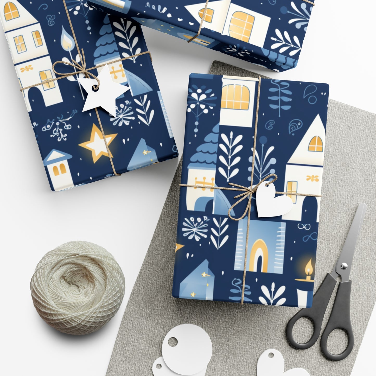 Blue Cozy Homes & Candles Gift Wrapping Paper - Elegant Winter - Themed Wrap for Special Occasions, Hanukkah, Birthdays, Holidays