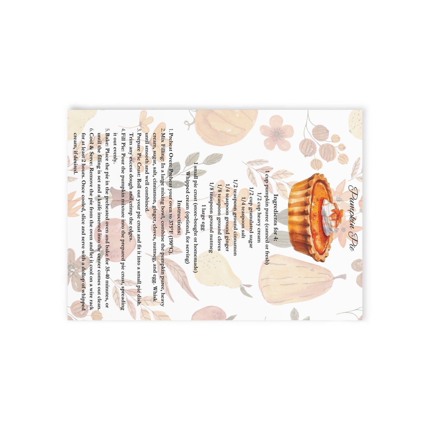 Thanksgiving Pumpkin Pie Recipe Card - Cozy Holiday Greeting and Kitchen Accessory - One-Sided Print