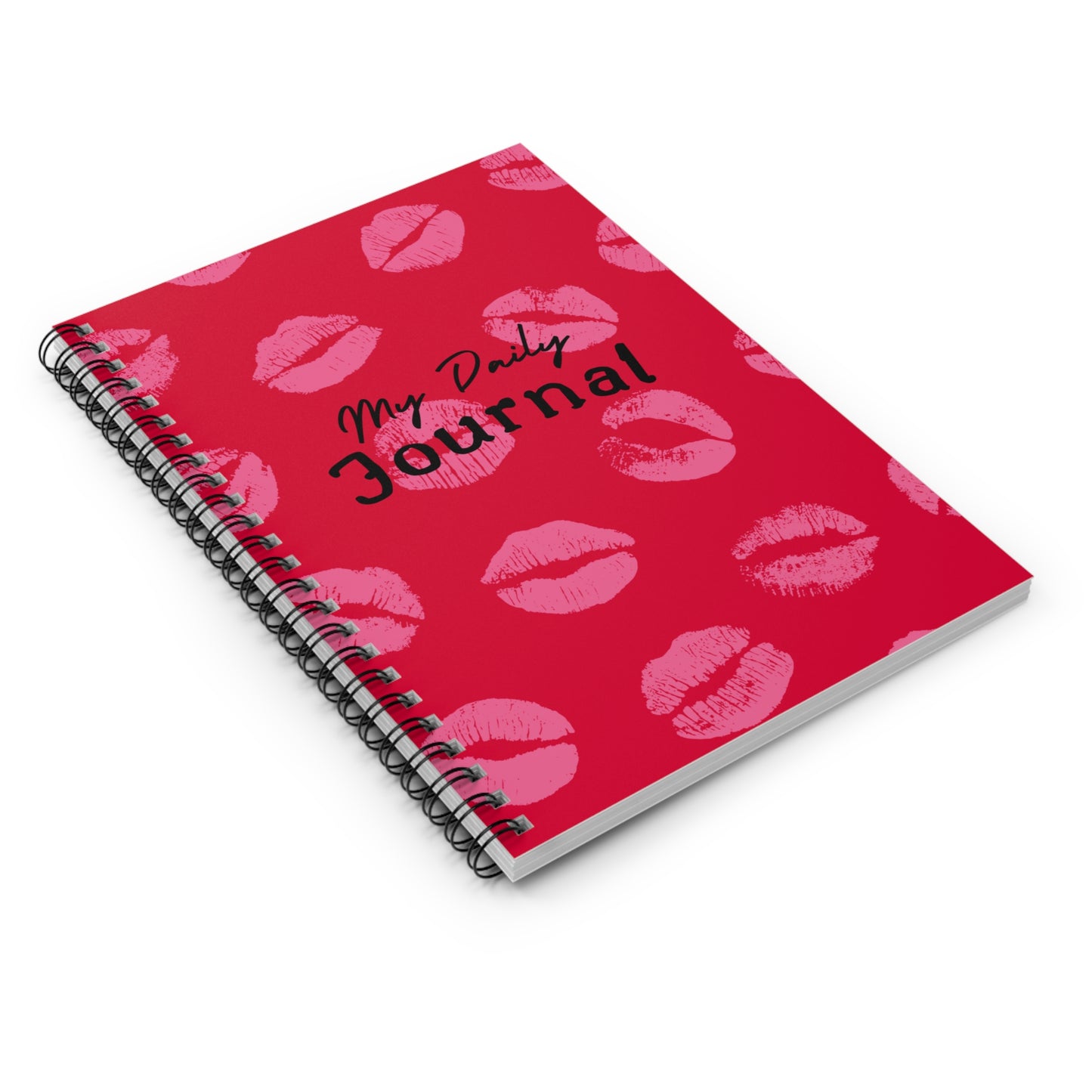 Chic Lipstick Kisses Spiral Notebook, Daily Journal, Pink on Red Pattern, Back to School Gift for Cool Girls