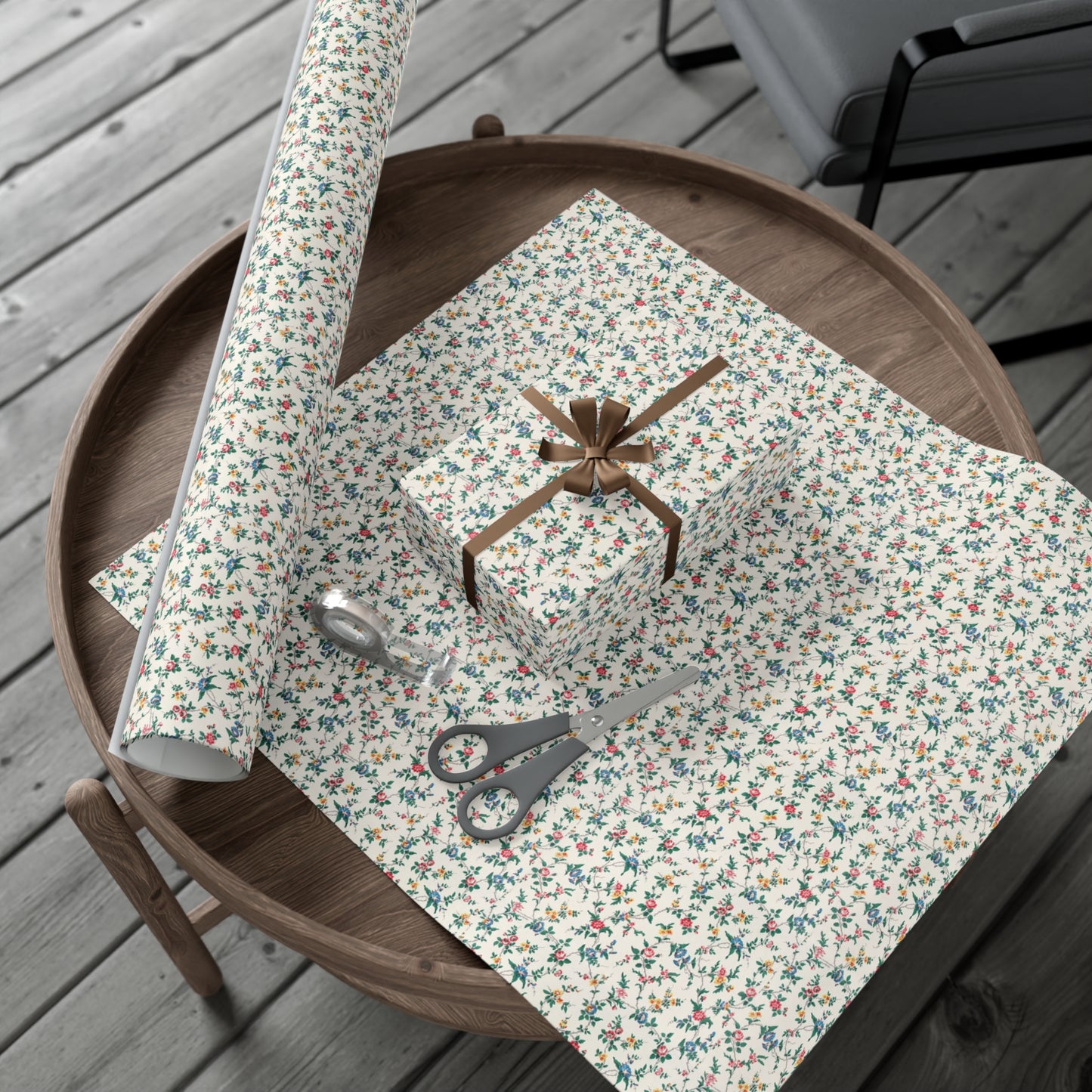 Elegant wildflower gift wrap in soft beige with delicate floral design, eco-friendly wrapping paper for birthdays, weddings, and special occasions.