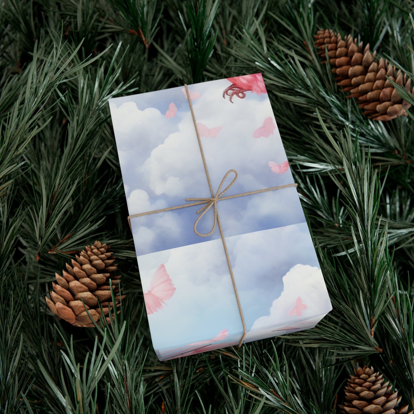 Gift Wrapping Paper of Love Birds, Sky Blue and Clouds with Butterflies, Tender Pastel Wrap for Birthdays, Valentine's, All Occasions