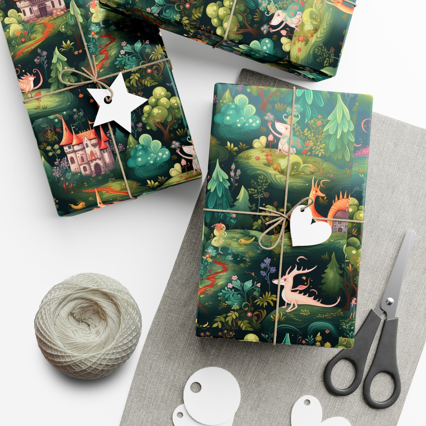 Gift Wrapping Paper illustrating Enchanted Forest and Whimsical Monsters - Magical Castle-Themed Gift Wrap Paper for All Occasions