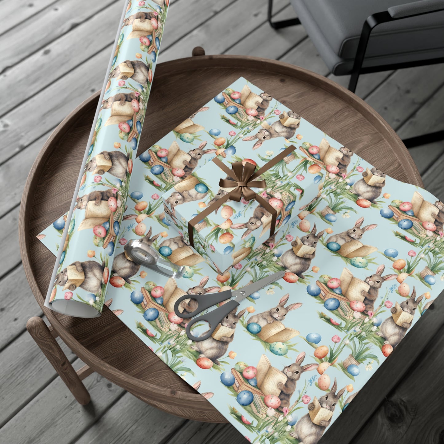 Adorable Easter Bunny Booklover Wrapping Paper - Soft Sky Blue with Colorful Eggs - Ideal for Easter, Baby Showers and Bunny Rabbit Lovers