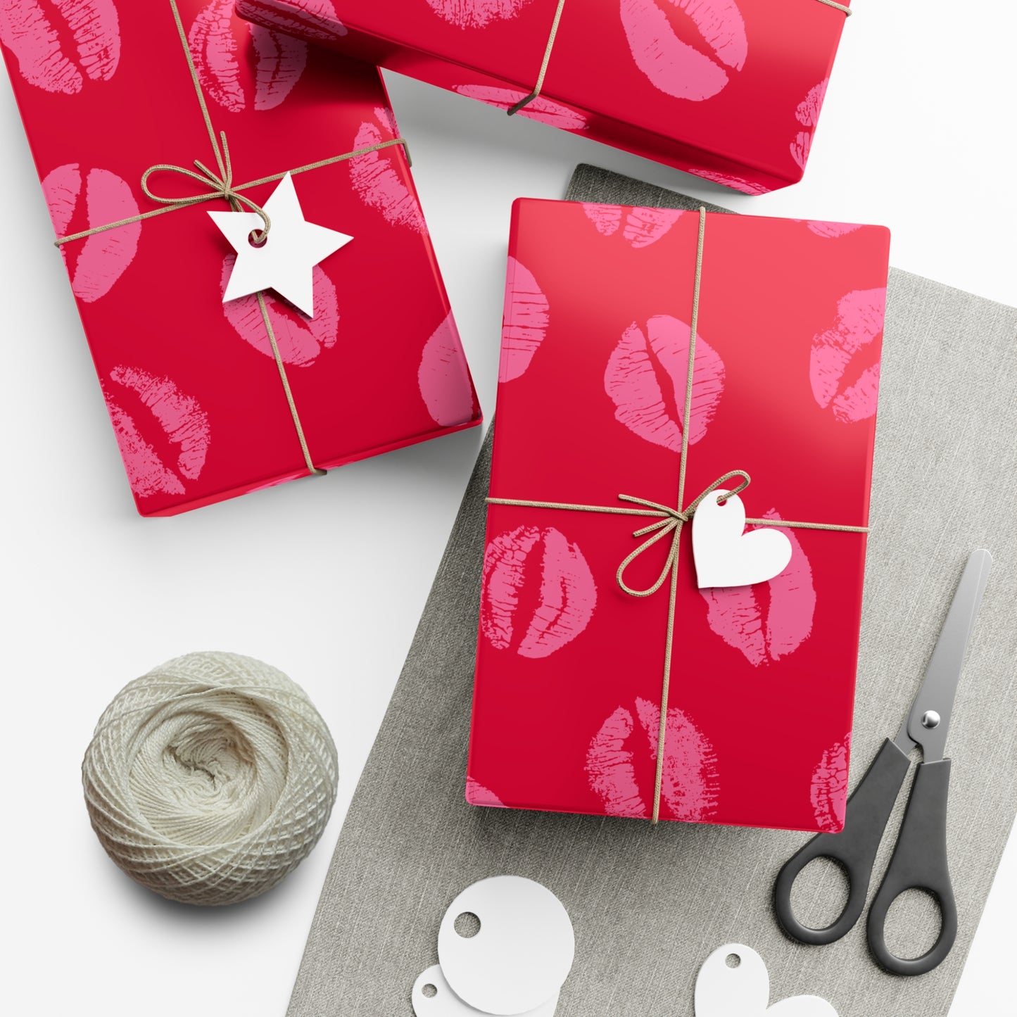 Chic Pink Lipstick Kisses Gift Wrap, Birthday Wrapping Paper, Stylish Red and Pink Design