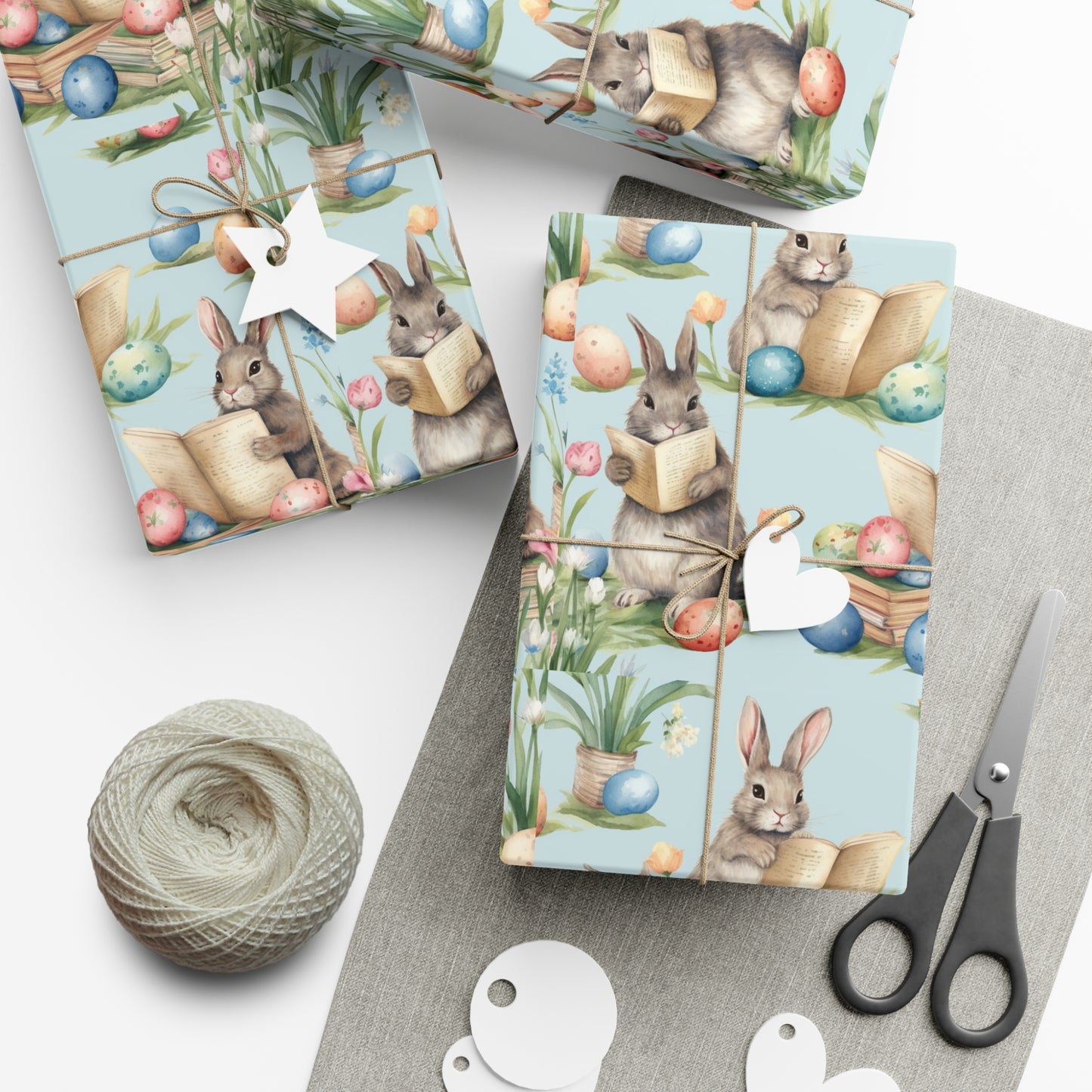 Adorable Easter Bunny Booklover Wrapping Paper - Soft Sky Blue with Colorful Eggs - Ideal for Easter, Baby Showers and Bunny Rabbit Lovers